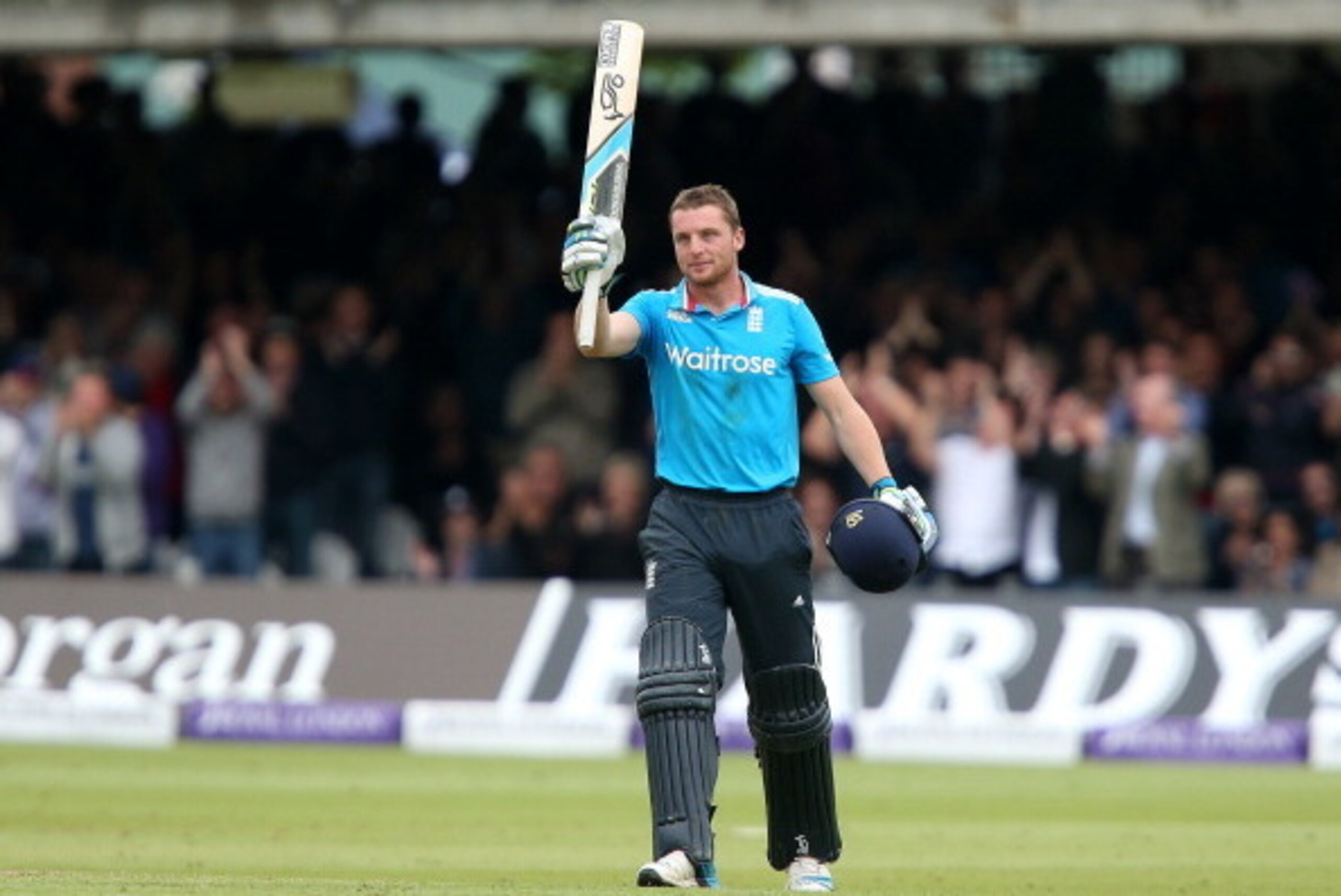 LONDON, ENGLAND - MAY 31:  Jos Buttler of England celebrates his century during the 4th Royal London One Day International match between England and Sri Lanka at Lord's Cricket Ground on May 31, 2014 in London, England. (Photo by Jan Kruger/Getty Images)