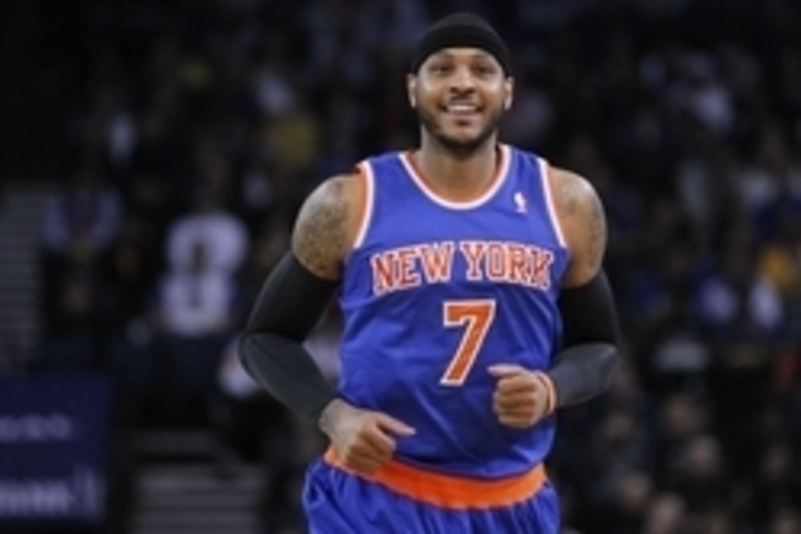 Mar 30, 2014; Oakland, CA, USA; New York Knicks forward Carmelo Anthony (7) smiles on the court against the Golden State Warriors in the first quarter at Oracle Arena. Mandatory Credit: Cary Edmondson-USA TODAY Sports Mar 30, 2014; Oakland, CA, USA; New York Knicks forward Carmelo Anthony (7) smiles on the court against the Golden State Warriors in the first quarter at Oracle Arena. Mandatory Credit: Cary Edmondson-USA TODAY Sports