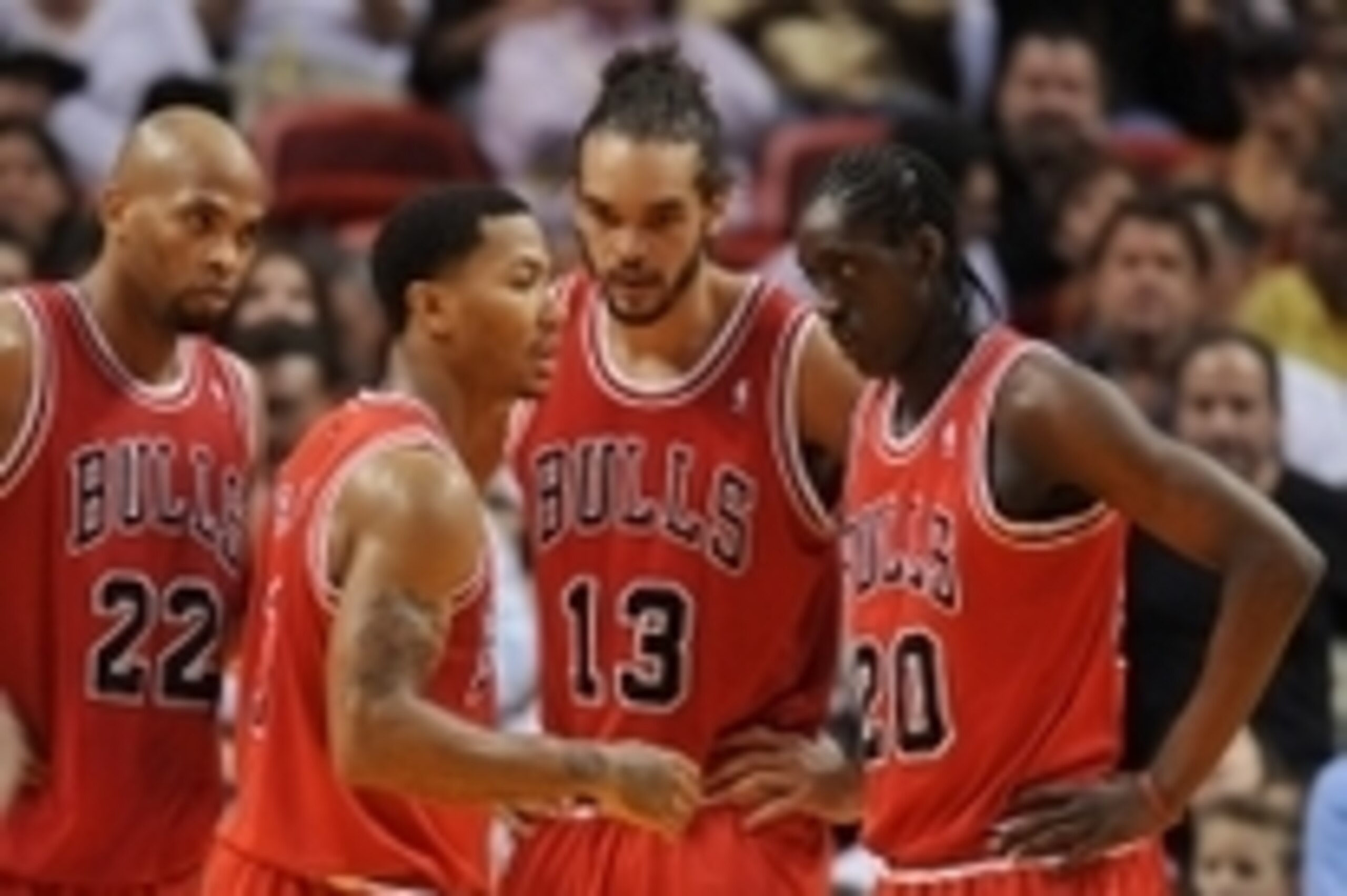 Oct 29, 2013; Miami, FL, USA; Chicago Bulls point guard Derrick Rose (center) talks with power forward Taj Gibson (second from left) center Joakim Noah (13) and small forward Tony Snell (right) during a game against the Miami Heat at American Airlines Ar Oct 29, 2013; Miami, FL, USA; Chicago Bulls point guard Derrick Rose (center) talks with power forward Taj Gibson (second from left) center Joakim Noah (13) and small forward Tony Snell (right) during a game against the Miami Heat at American Airlines Ar