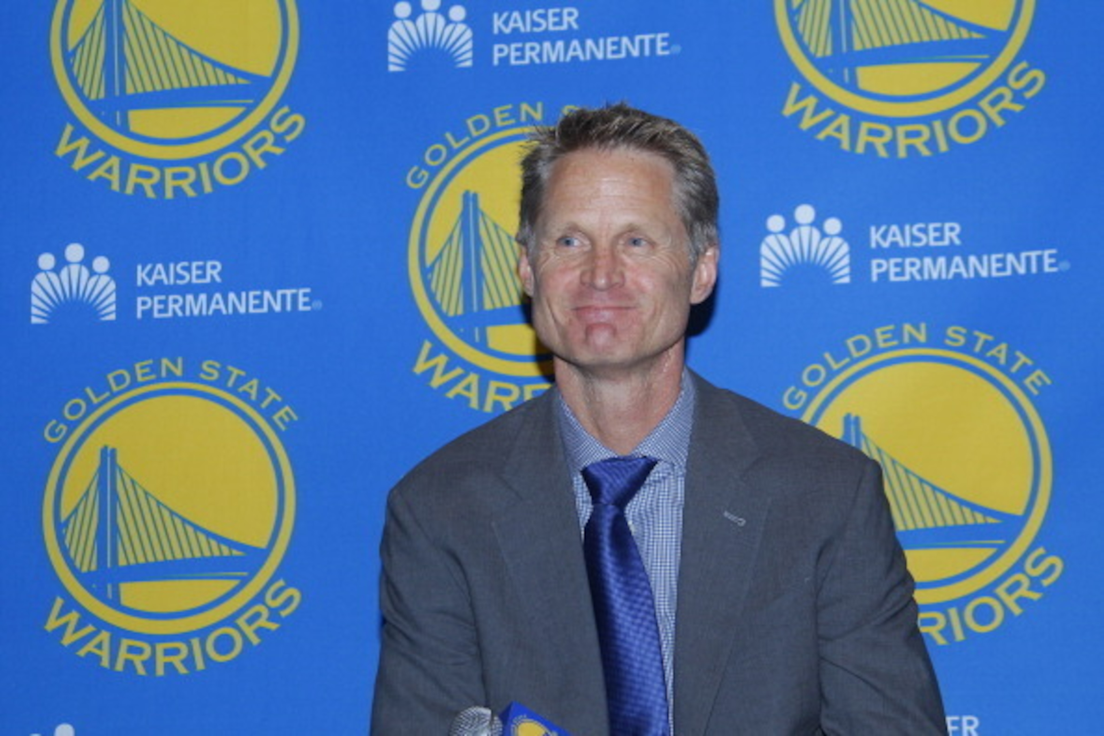 OAKLAND, CA - MAY 20: Steve Kerr of the Golden State Warriors speaks at his introductory press conference on May 20, 2014 in Oakland, California. NOTE TO USER: User expressly acknowledges and agrees that, by downloading and/or using this Photograph, User 