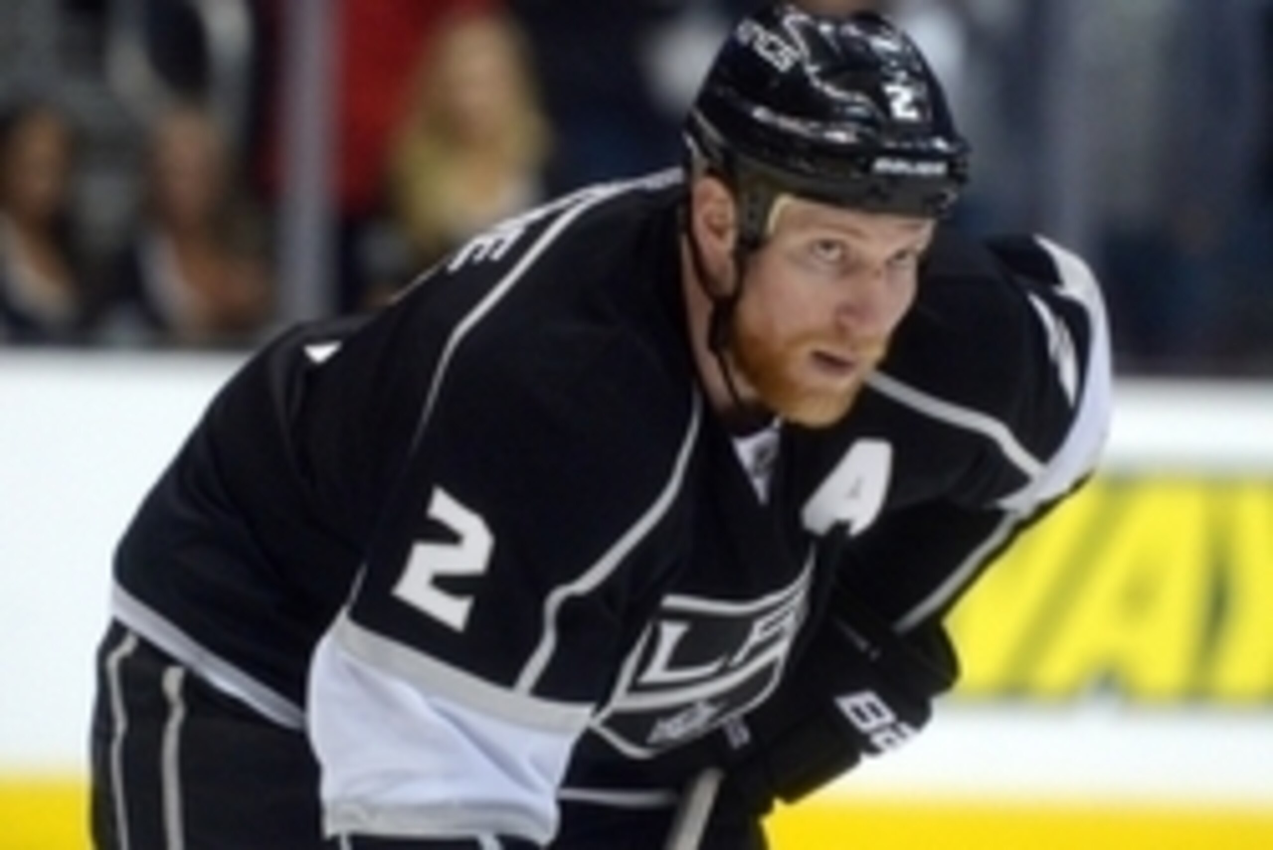 May 26, 2014; Los Angeles, CA, USA; Los Angeles Kings defenseman Matt Greene (2) against the Chicago Blackhawks in game four of the Western Conference Final of the 2014 Stanley Cup Playoffs at Staples Center. The Kings defeated the Blackhawks 5-2 to take 