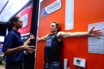 TORONTO - CANADA - MAY 31: Sam Reinhart checks his wingspan during the NHL Combine testing May 31, 2014 at the Westin Bristol in Toronto, Ontario, Canada. (Photo by Graig Abel/NHLI  via Getty Images)