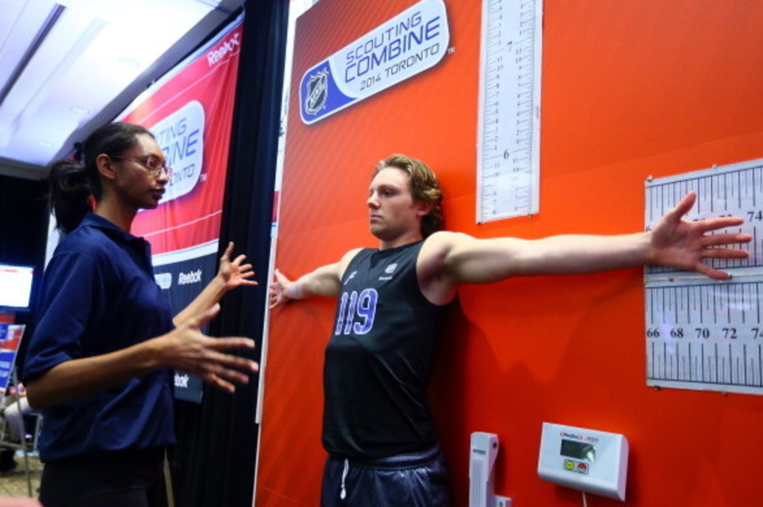 TORONTO - CANADA - MAY 31: Sam Reinhart checks his wingspan during the NHL Combine testing May 31, 2014 at the Westin Bristol in Toronto, Ontario, Canada. (Photo by Graig Abel/NHLI  via Getty Images)
