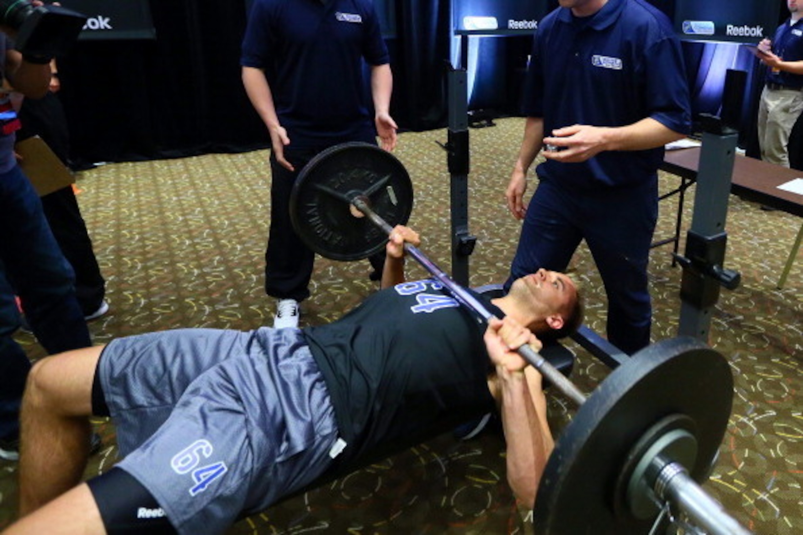 TORONTO - CANADA - MAY 31: Aaron Ekblad does the bench press during the NHL Combine testing May 31, 2014 at the Westin Bristol in Toronto, Ontario, Canada. (Photo by Graig Abel/NHLI  via Getty Images)