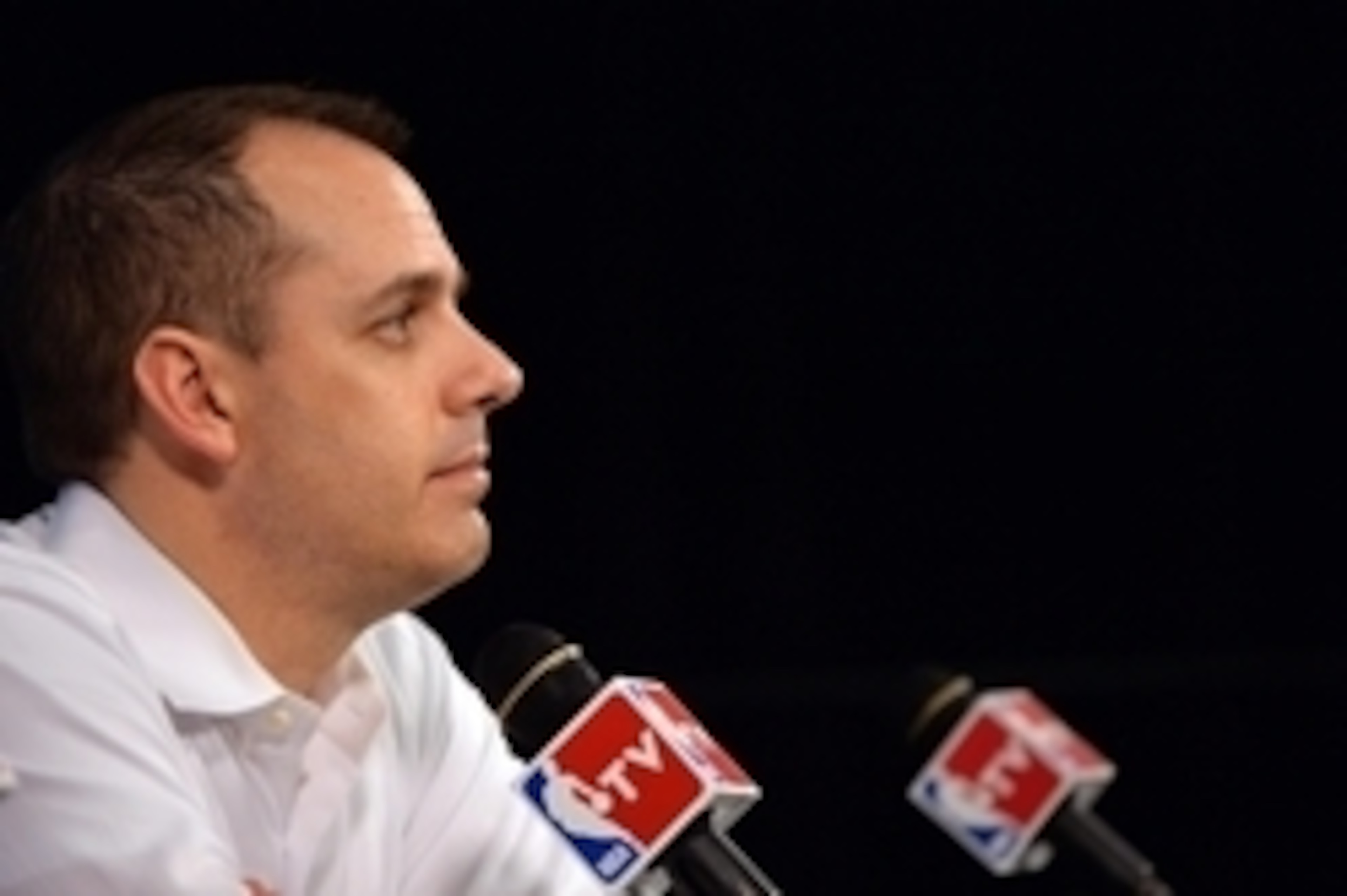 May 30, 2014; Miami, FL, USA; Indiana Pacers head coach Frank Vogel at a press conference before game six of the Eastern Conference Finals of the 2014 NBA Playoffs against the Miami Heat at American Airlines Arena. Mandatory Credit: Steve Mitchell-USA TOD May 30, 2014; Miami, FL, USA; Indiana Pacers head coach Frank Vogel at a press conference before game six of the Eastern Conference Finals of the 2014 NBA Playoffs against the Miami Heat at American Airlines Arena. Mandatory Credit: Steve Mitchell-USA TOD