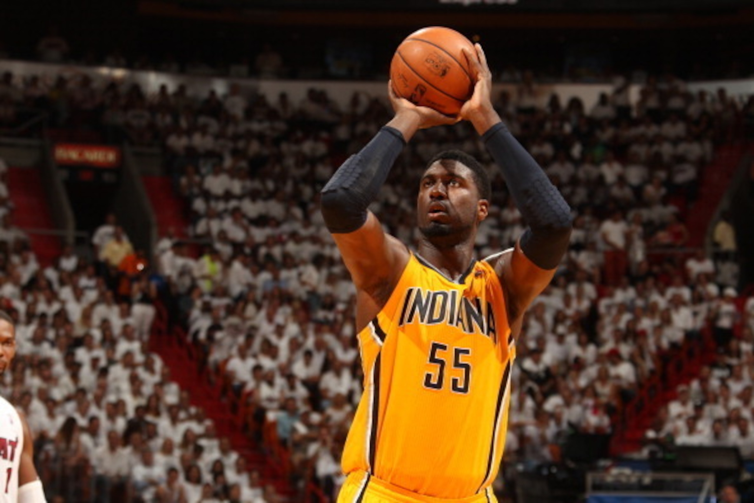 MIAMI, FL - MAY 30: Roy Hibbert #55 of the Indiana Pacers shoots against the Miami Heat in Game Six of the Eastern Conference Finals during the 2014 NBA Playoffs on May 30, 2014 in Miami, Fl. NOTE TO USER: User expressly acknowledges and agrees that, by d