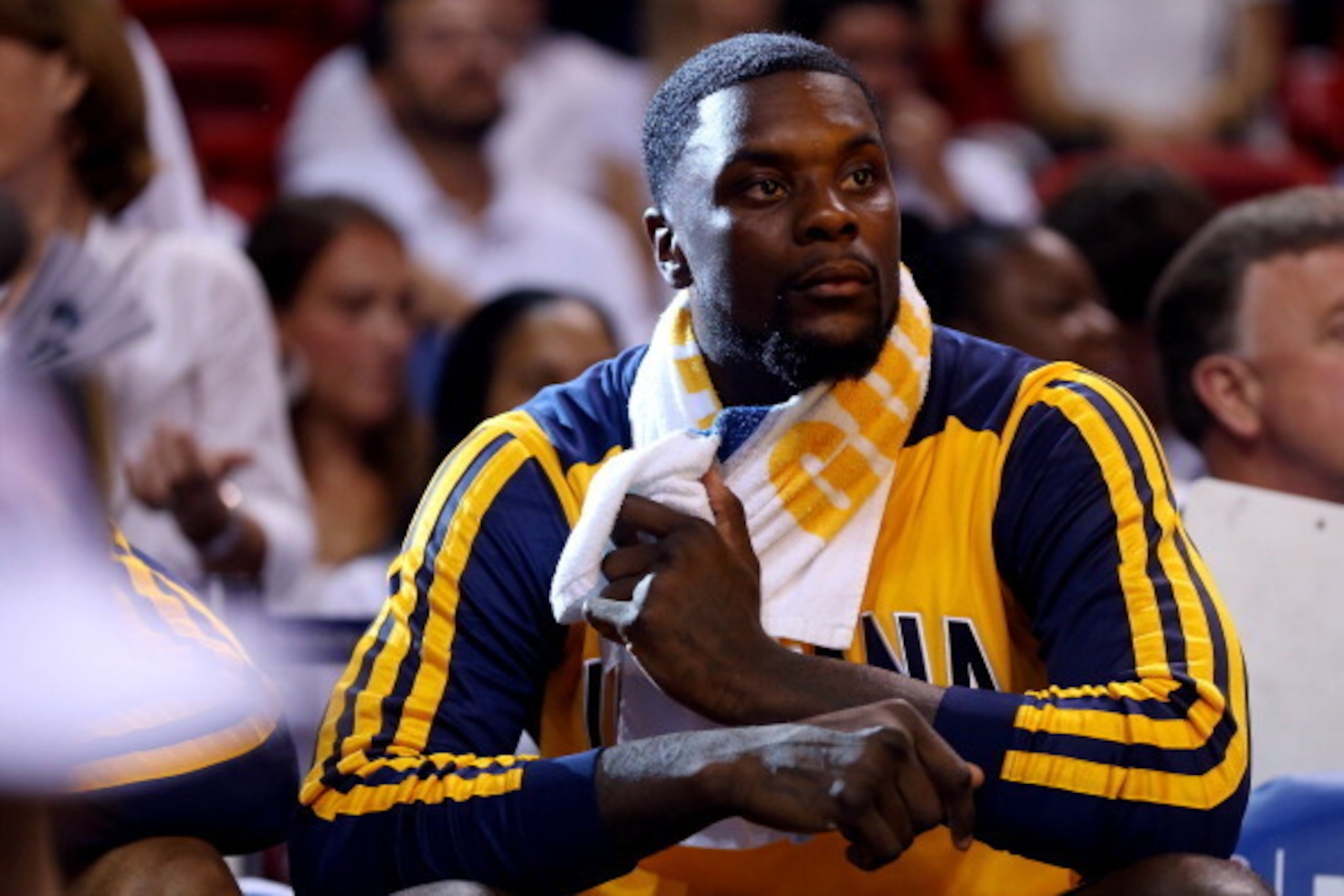 MIAMI, FL - MAY 30: Lance Stephenson #1 of the Indiana Pacers looks on from the bench against the Miami Heat during Game Six of the Eastern Conference Finals of the 2014 NBA Playoffs at American Airlines Arena on May 30, 2014 in Miami, Florida.  NOTE TO U