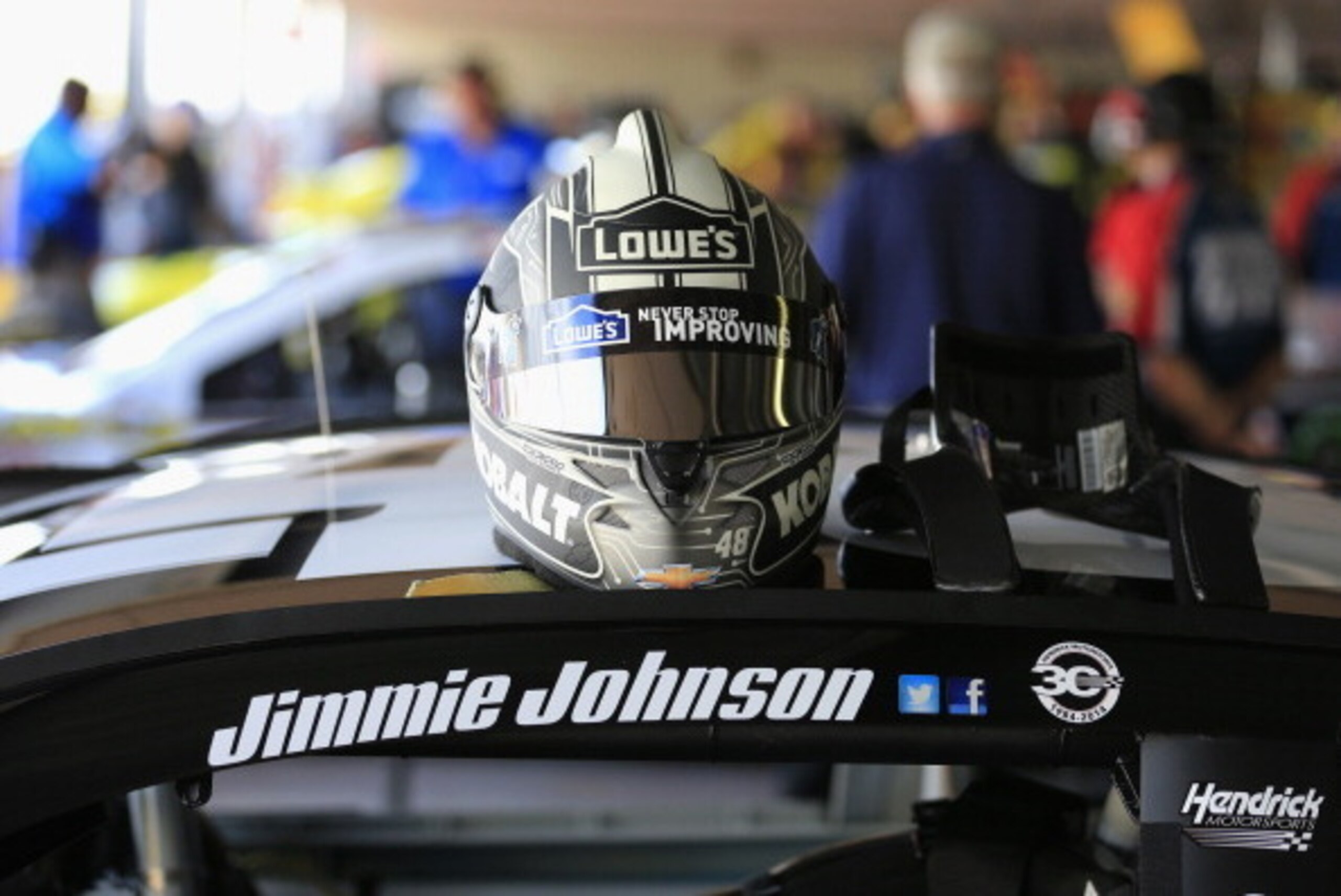 DOVER, DE - MAY 31:  The helmet of Jimmie Johnson, driver of the #48 Lowe's/Kobalt Tools Chevrolet, is seen in the garage during practice for the NASCAR Sprint Cup Series FedEx 400 Benefiting Autism Speaks at Dover International Speedway on May 31, 2014 i