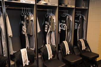LOS ANGELES, CA - MARCH 19:  The San Antonio Spurs locker room set up before the game against the Los Angeles Lakers at Staples Center on March 19, 2014 in Los Angeles, California. NOTE TO USER: User expressly acknowledges and agrees that, by downloading 