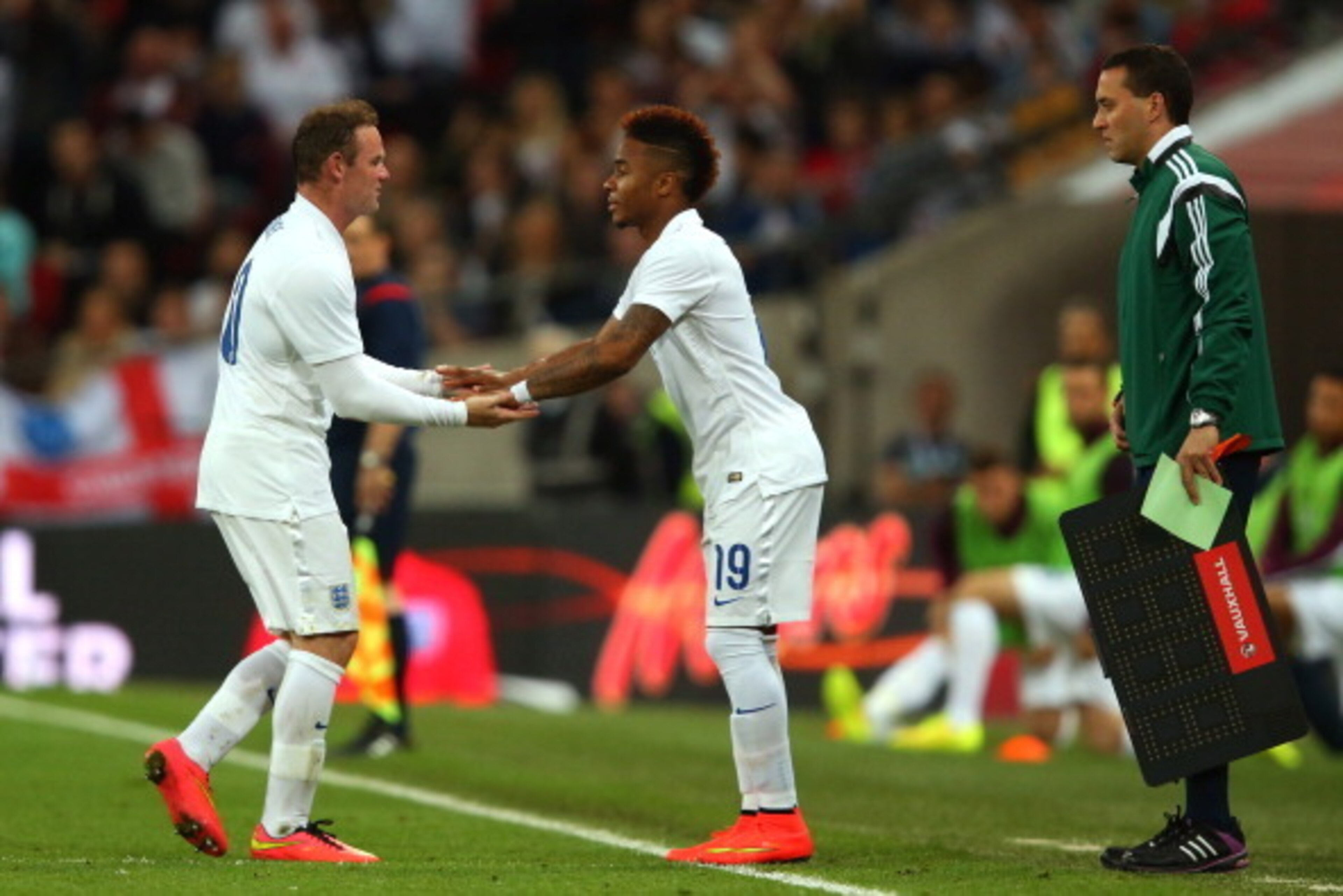 LONDON, ENGLAND - MAY 30:  Raheem Sterling of England replaces Wayne Rooney of England during the international friendly match between England and Peru at Wembley Stadium on May 30, 2014 in London, England.  (Photo by Clive Rose/Getty Images)