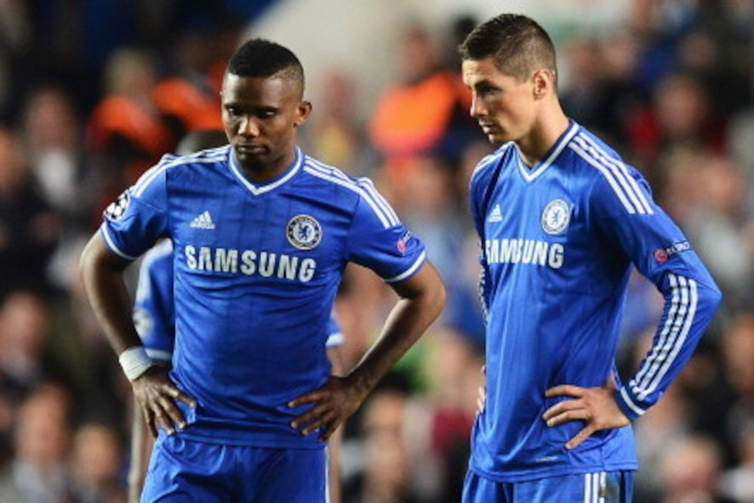 LONDON, ENGLAND - APRIL 30: Samuel Eto'o and Fernando Torres of Chelsea look dejected after the goal by Diego Costa of Club Atletico de Madrid during the UEFA Champions League semi-final second leg match between Chelsea and Club Atletico de Madrid at Stam