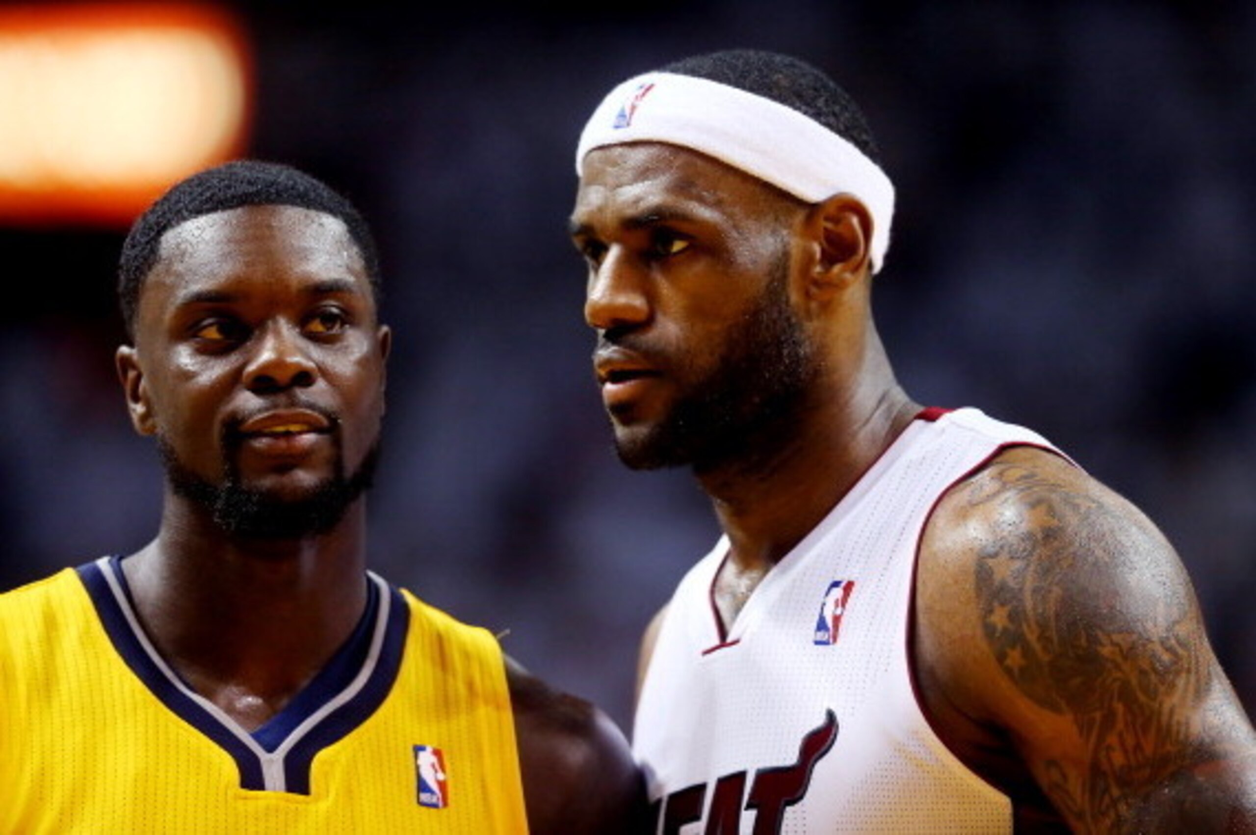 MIAMI, FL - MAY 30: LeBron James #6 of the Miami Heat and Lance Stephenson #1 of the Indiana Pacers match up during Game Six of the Eastern Conference Finals of the 2014 NBA Playoffs at American Airlines Arena on May 30, 2014 in Miami, Florida. NOTE TO MIAMI, FL - MAY 30: LeBron James #6 of the Miami Heat and Lance Stephenson #1 of the Indiana Pacers match up during Game Six of the Eastern Conference Finals of the 2014 NBA Playoffs at American Airlines Arena on May 30, 2014 in Miami, Florida. NOTE TO