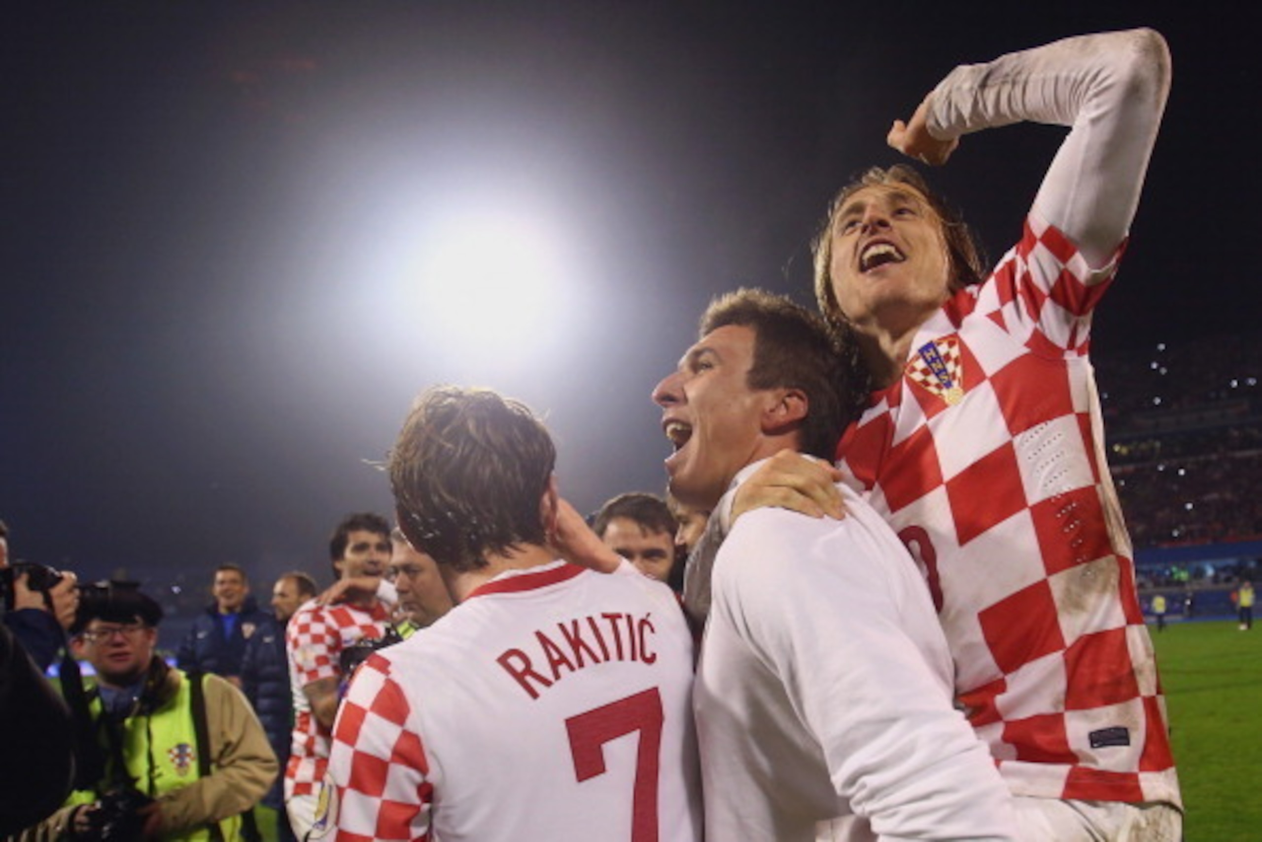 ZAGREB, CROATIA - NOVEMBER 19: Ivan Rakitic, Mario Mandzukic and Luka Modric (L-R) of Croatia celebrate after the FIFA 2014 World Cup Qualifier play-off second leg match between Croatia and Iceland at Maksimir Stadium on November 19, 2013 in Zagreb, Croa ZAGREB, CROATIA - NOVEMBER 19: Ivan Rakitic, Mario Mandzukic and Luka Modric (L-R) of Croatia celebrate after the FIFA 2014 World Cup Qualifier play-off second leg match between Croatia and Iceland at Maksimir Stadium on November 19, 2013 in Zagreb, Croa