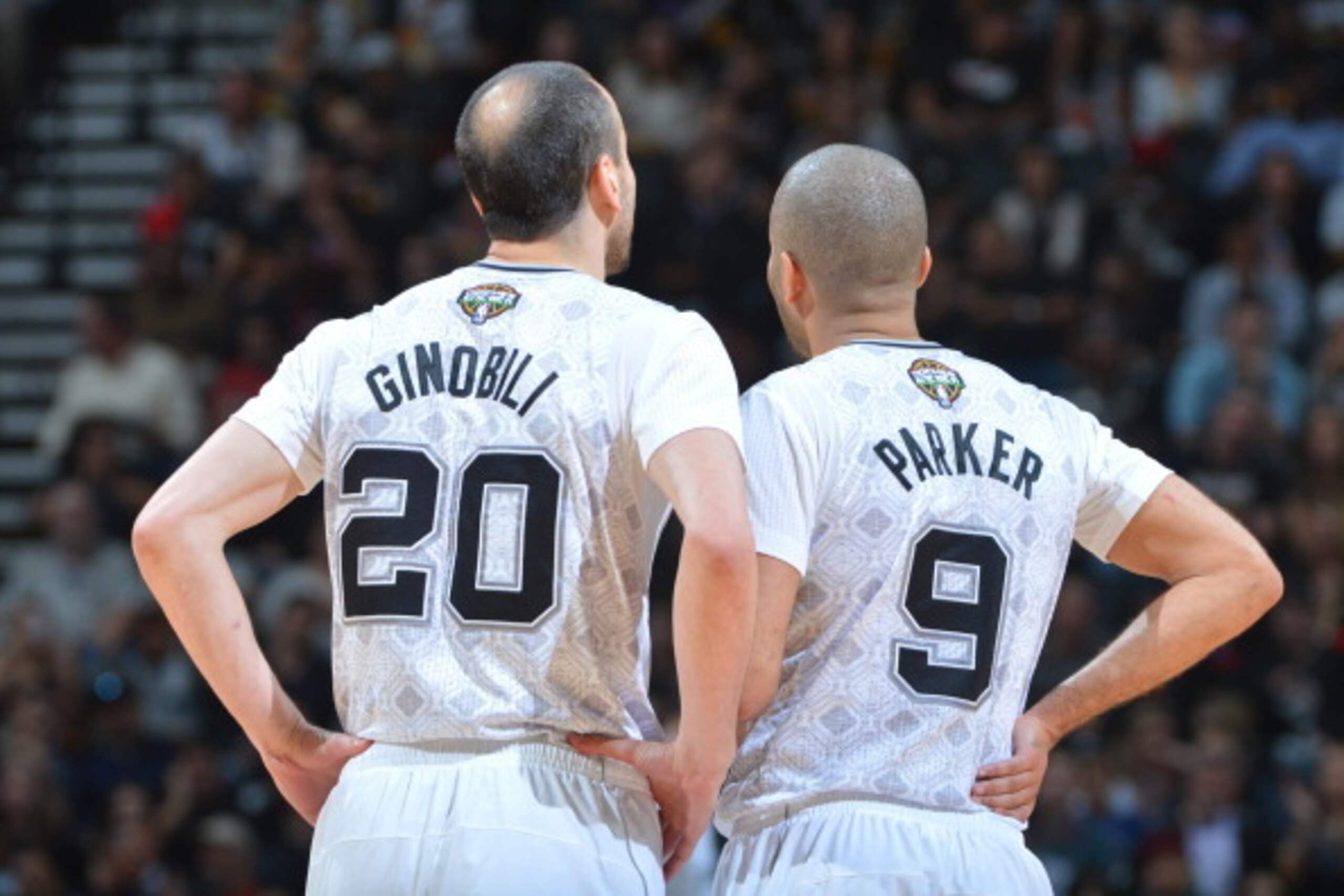 SAN ANTONIO, TX - MARCH 6: Manu Ginobili #20 and Tony Parker #9 of the San Antonio Spurs during a game against the Miami Heat at the AT&T Center March 6, 2014 in San Antonio, Texas. NOTE TO USER: User expressly acknowledges and agrees that, by downloading