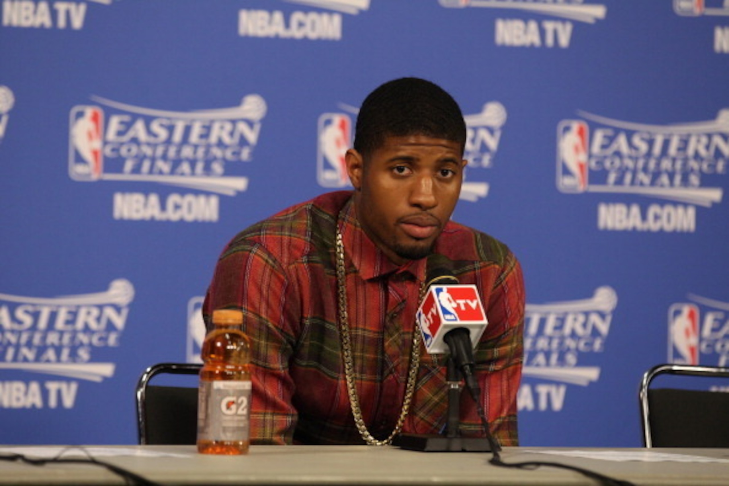 MIAMI, FL - May 26: Paul George #24 of the Indiana Pacers addresses the media after Game Four of the Eastern Conference Finals against the Miami Heat during the 2014 NBA Playoffs at the American Airlines Arena in Miami, Florida on May 26, 2014. NOTE TO US