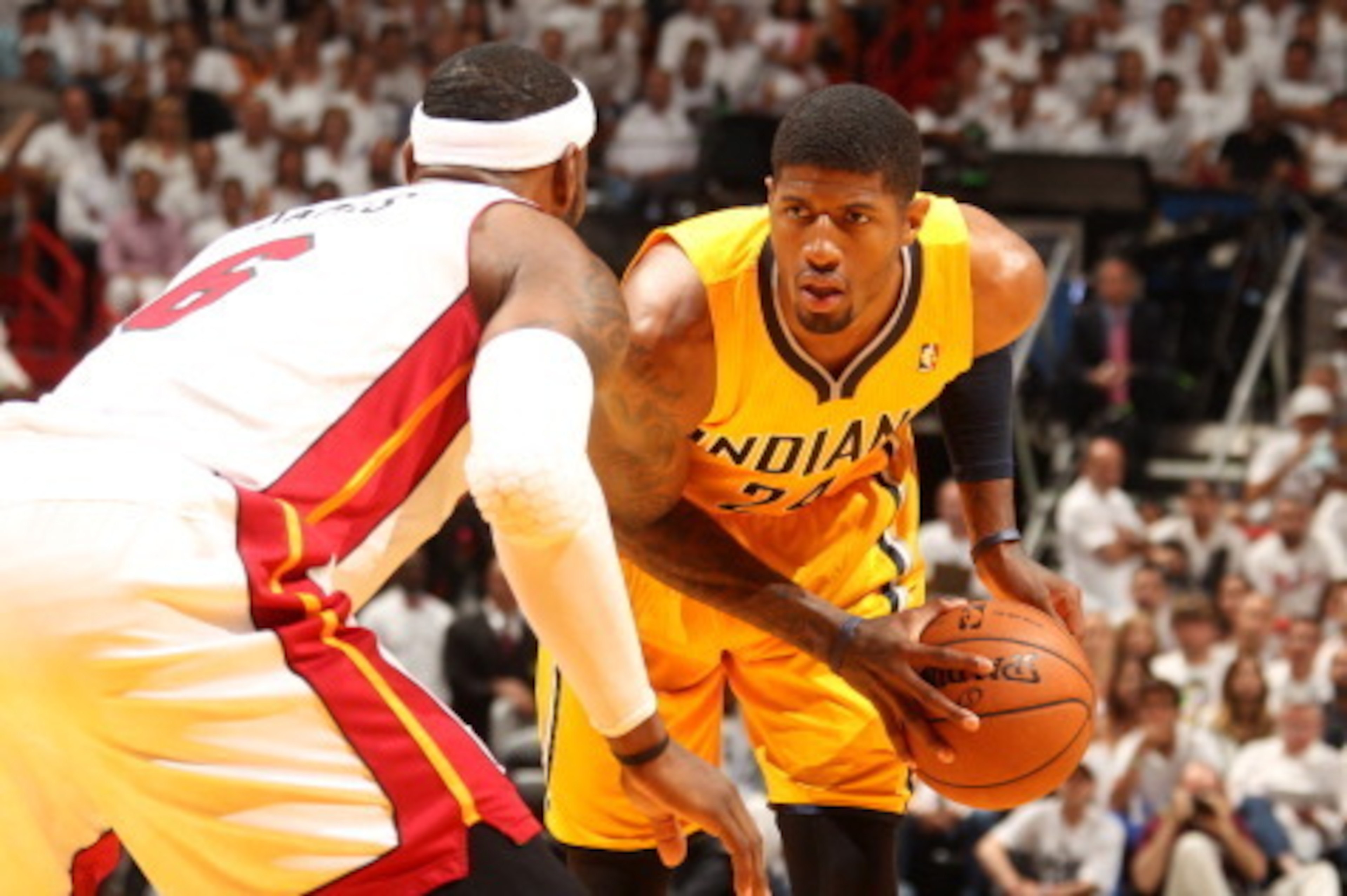 MIAMI, FL - MAY 30: Paul George #24 of the Indiana Pacers controls the ball against the Miami Heat in Game Six of the Eastern Conference Finals during the 2014 NBA Playoffs on May 30, 2014 in Miami, Fl. NOTE TO USER: User expressly acknowledges and agrees MIAMI, FL - MAY 30: Paul George #24 of the Indiana Pacers controls the ball against the Miami Heat in Game Six of the Eastern Conference Finals during the 2014 NBA Playoffs on May 30, 2014 in Miami, Fl. NOTE TO USER: User expressly acknowledges and agrees