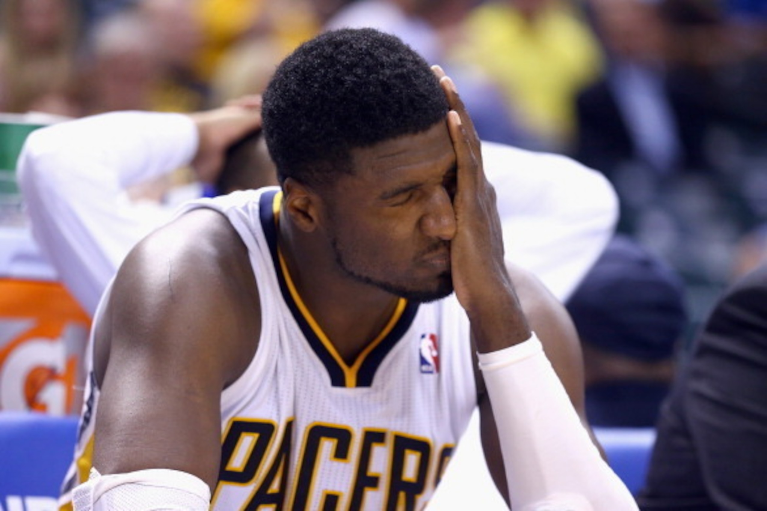 INDIANAPOLIS, IN - MAY 13:  Roy Hibbert #55 of the Indiana Pacers finds it hard to watch from the bench in the fourth quater of the 102-79 loss to the Washington Wizards in Game 5 of the Eastern Conference Semifinals during the 2014 NBA Playoffs at Banker