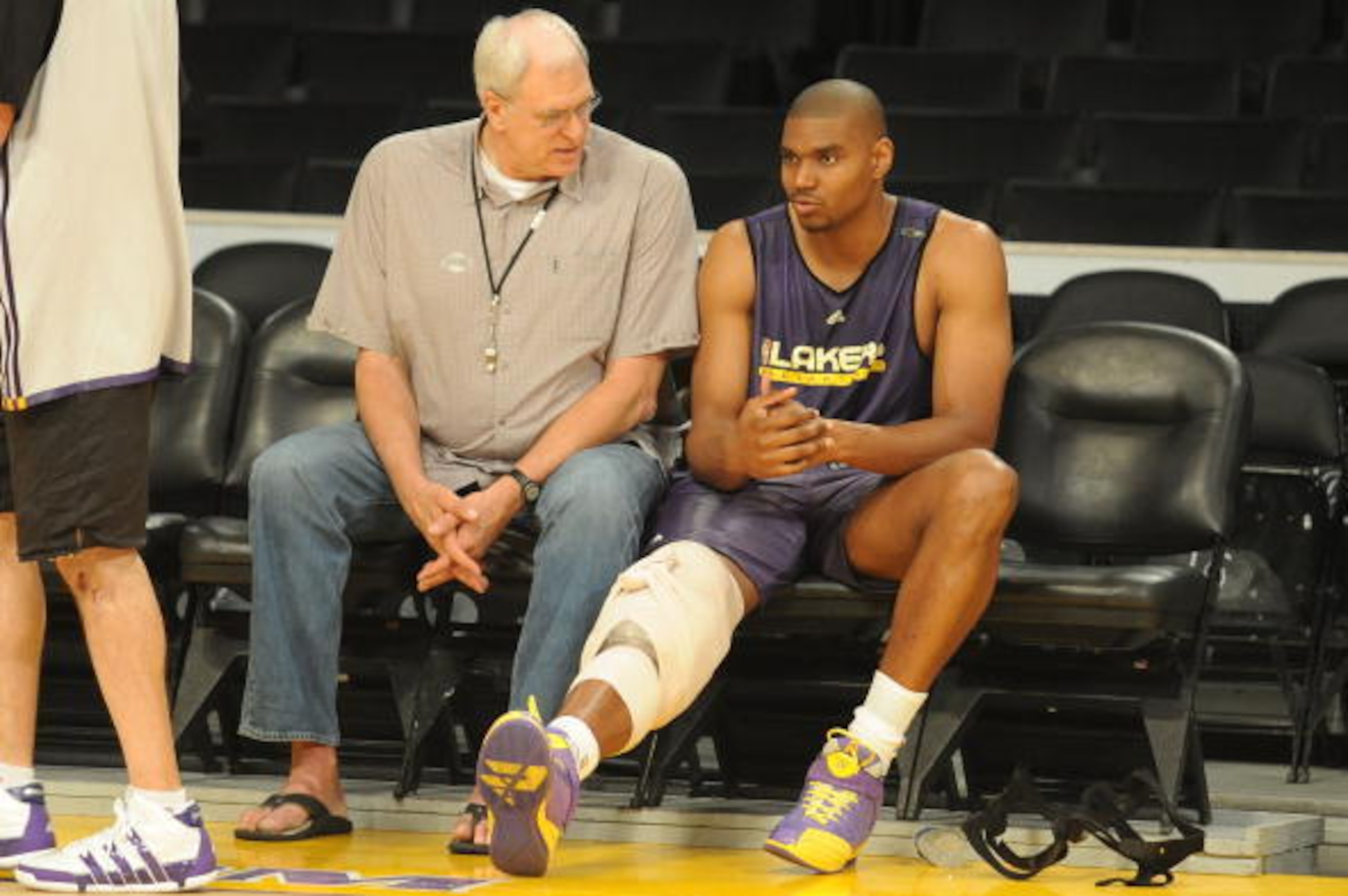 LOS ANGELES, CA - JUNE 2:  Head coach Phil Jackson and Andrew Bynum #17 of the Los Angeles Lakers talk during practice in preparation for Game One of the NBA Finals against the Boston Celtics at Staples Center on June 2, 2010 in Los Angeles, California. N
