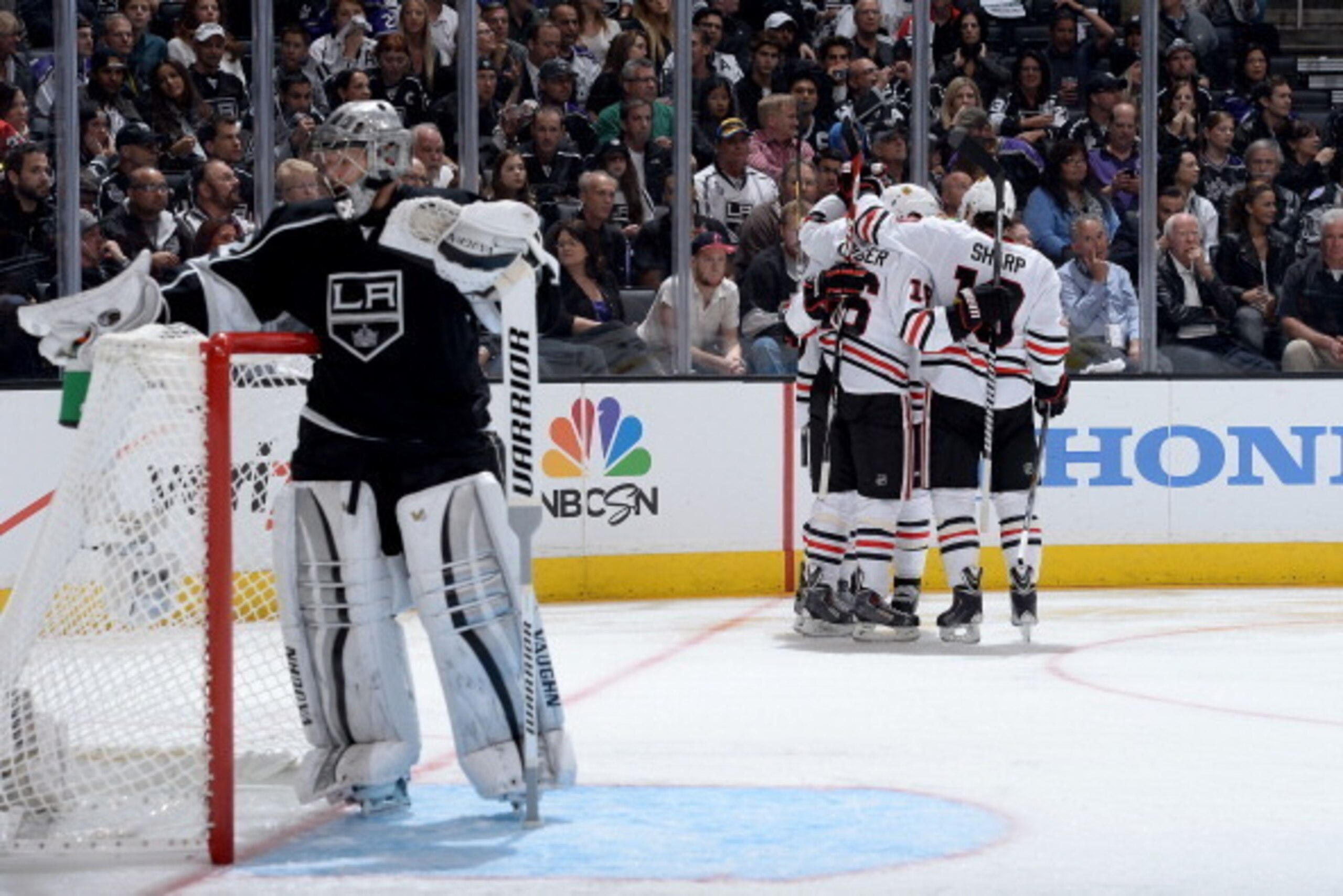 LOS ANGELES, CA - MAY 30: The Chicago Blackhawks celebrate after scoring a goal against the Los Angeles Kings in Game Six of the Western Conference Final during the 2014 Stanley Cup Playoffs at Staples Center on May 30, 2014 in Los Angeles, California. (P LOS ANGELES, CA - MAY 30: The Chicago Blackhawks celebrate after scoring a goal against the Los Angeles Kings in Game Six of the Western Conference Final during the 2014 Stanley Cup Playoffs at Staples Center on May 30, 2014 in Los Angeles, California. (P