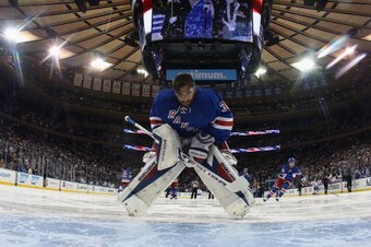 NEW YORK, NY - MAY 29:  Henrik Lundqvist #30 of the New York Rangers looks om prior to the start of the game against the Montreal Canadiens during Game Six of the Eastern Conference Final in the 2014 NHL Stanley Cup Playoffs at Madison Square Garden on Ma