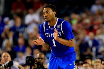 ARLINGTON, TX - APRIL 07:  James Young #1 of the Kentucky Wildcats reacts against the Connecticut Huskies during the NCAA Men's Final Four Championship at AT&T Stadium on April 7, 2014 in Arlington, Texas.  (Photo by Jamie Squire/Getty Images)
