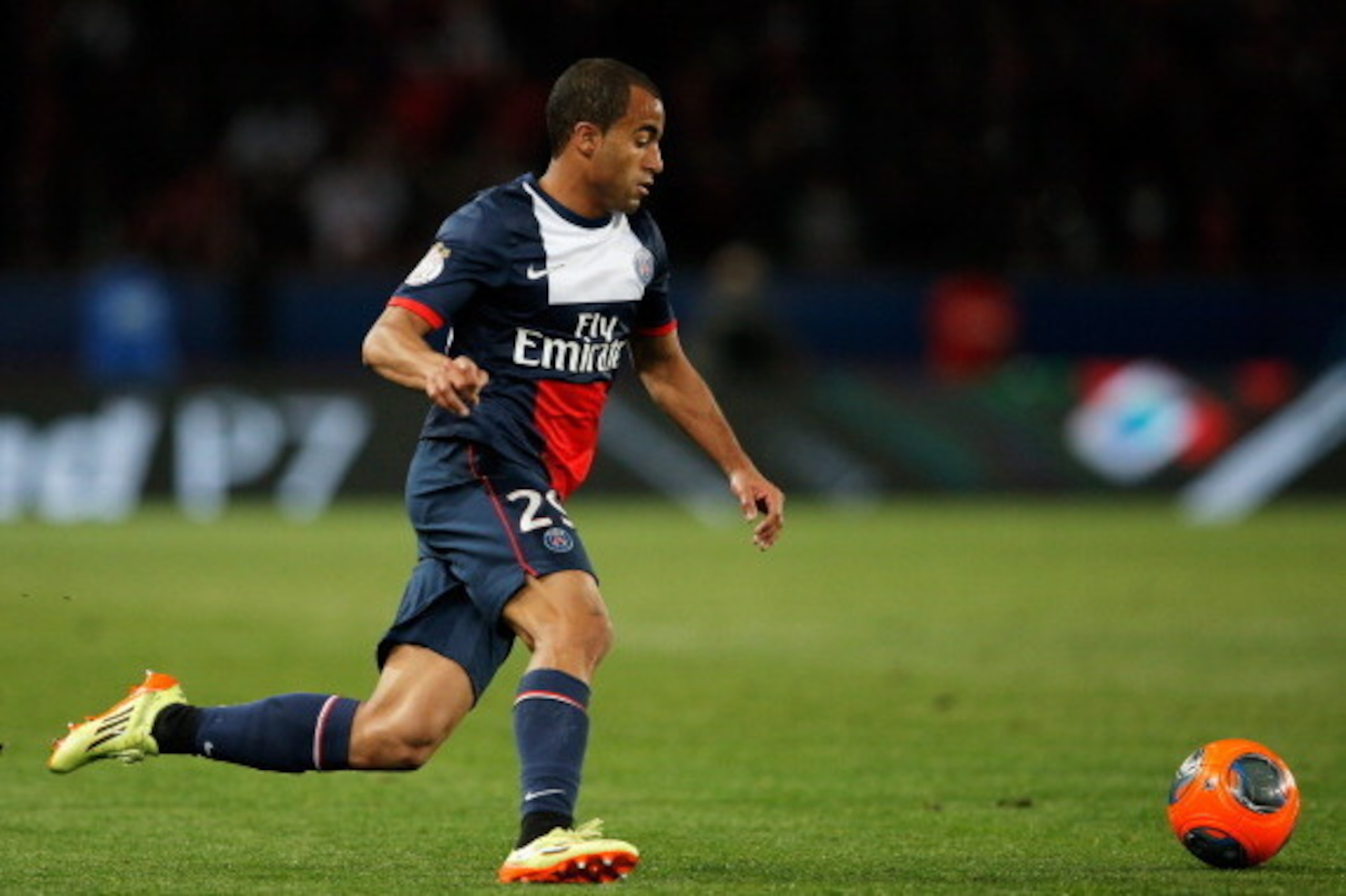 PARIS, FRANCE - MAY 07:  Lucas Moura of PSG in action during the Ligue 1 match between Paris Saint-Germain FC and Stade Rennais FC at Parc des Princes on May 7, 2014 in Paris, France.  (Photo by Dean Mouhtaropoulos/Getty Images)