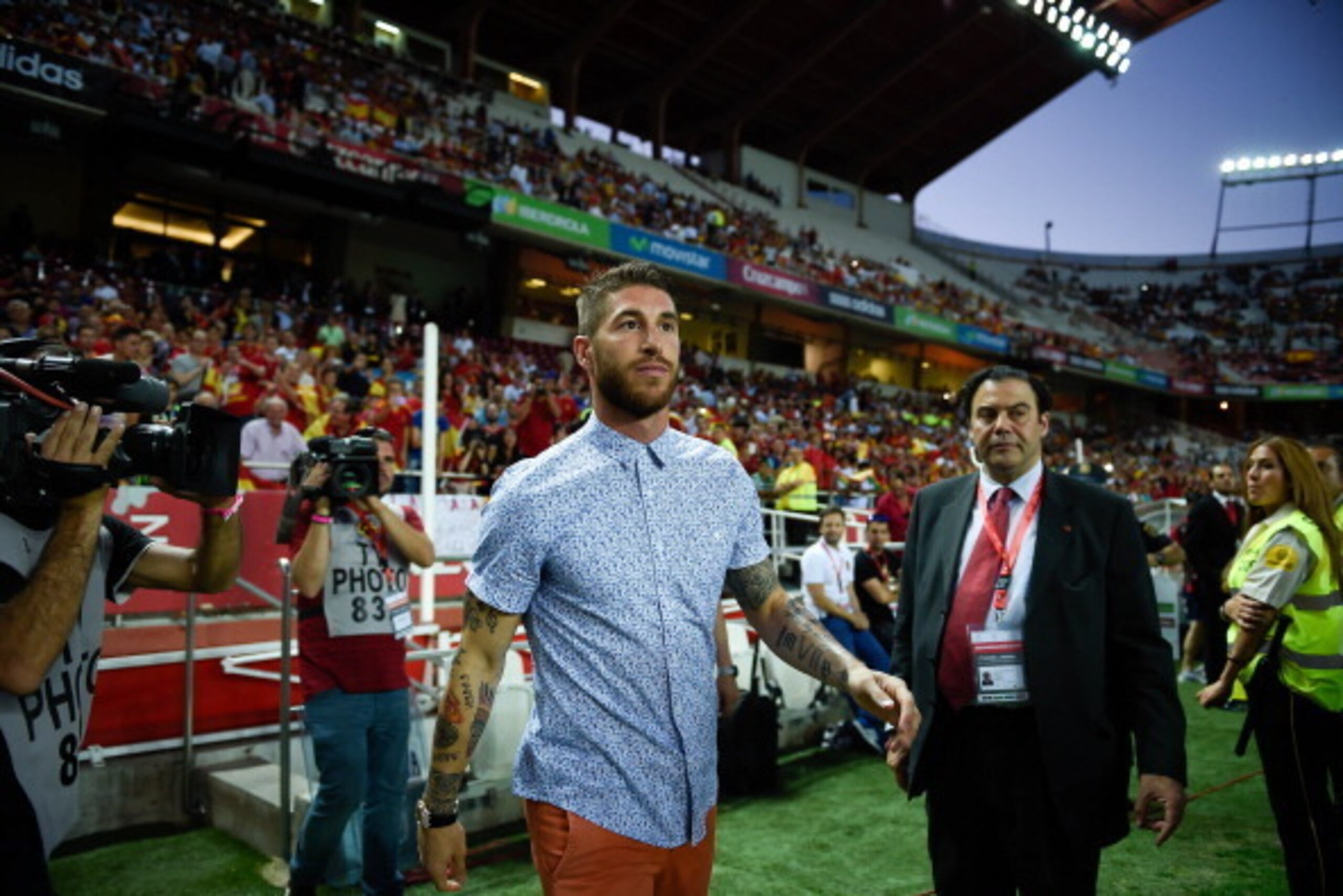 SEVILLE, SPAIN - MAY 30:  Sergio Ramos of Spain walks onto the pitch prior to an international friendly match between Spain and Bolivia at Estadio Ramon Sanchez Pizjuan on May 30, 2014 in Seville, Spain.  (Photo by David Ramos/Getty Images)