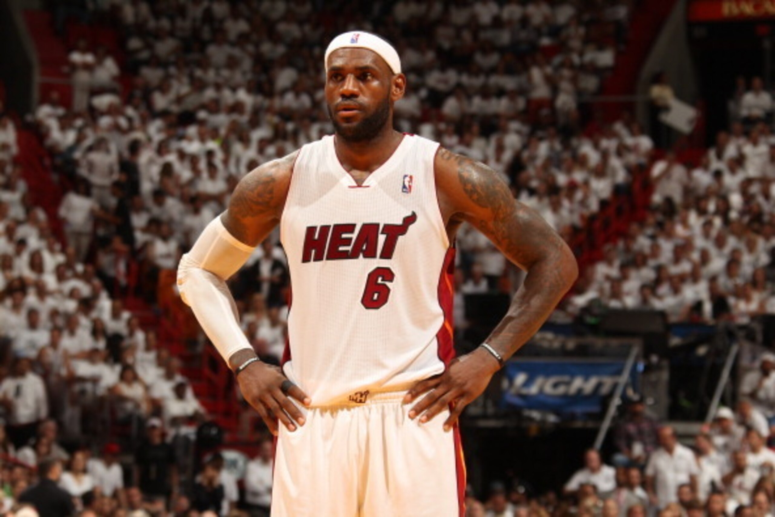 MIAMI, FL - MAY 30: LeBron James #6 of the Miami Heat looks on against the Indiana Pacers in Game Six of the Eastern Conference Finals during the 2014 NBA Playoffs on May 30, 2014 in Miami, Fl. NOTE TO USER: User expressly acknowledges and agrees that, by