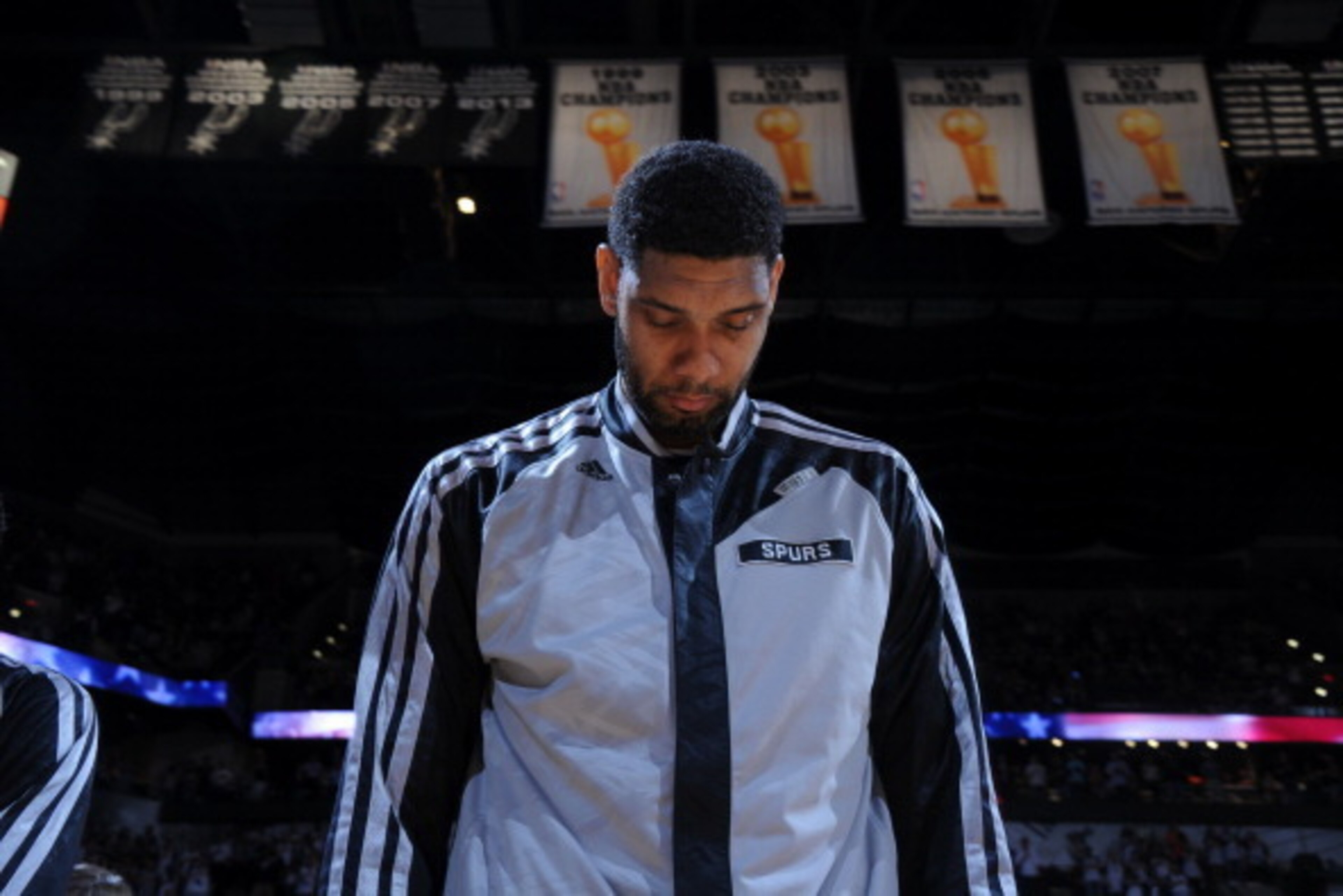 SAN ANTONIO, TX - MAY 21: Tim Duncan #21 of the San Antonio Spurs before the game against the Oklahoma City Thunder in Game Two of the Western Conference Finals during the 2014 NBA Playoffs on May 21, 2014 at the AT&T Center in San Antonio, Texas.  NOTE T