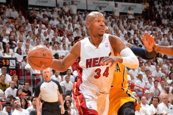 MIAMI, FL - MAY 30: Ray Allen #34 of the Miami Heat drives to the basket against the Indiana Pacers in Game Six of the Eastern Conference Finals during the 2014 NBA Playoffs on May 30, 2014 in Miami, Fl. NOTE TO USER: User expressly acknowledges and agree