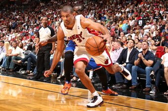 MIAMI, FL - APRIL 6: Shane Battier #31 of the Miami Heat drives to the basket during the game against the New York Knicks on April 6, 2014 at American Airlines Arena in Miami, Florida.  NOTE TO USER: User expressly acknowledges and agrees that, by downloa