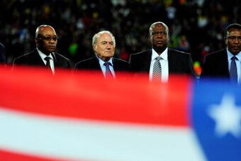 JOHANNESBURG, SOUTH AFRICA - JUNE 28:  South African President Jacob Zuma and the President of  FIFA Sepp Blatter stand with dignataries prior to the FIFA Confederations Cup Final between USA and Brazil at the Ellis Park Stadium on June 28, 2009 in Johann