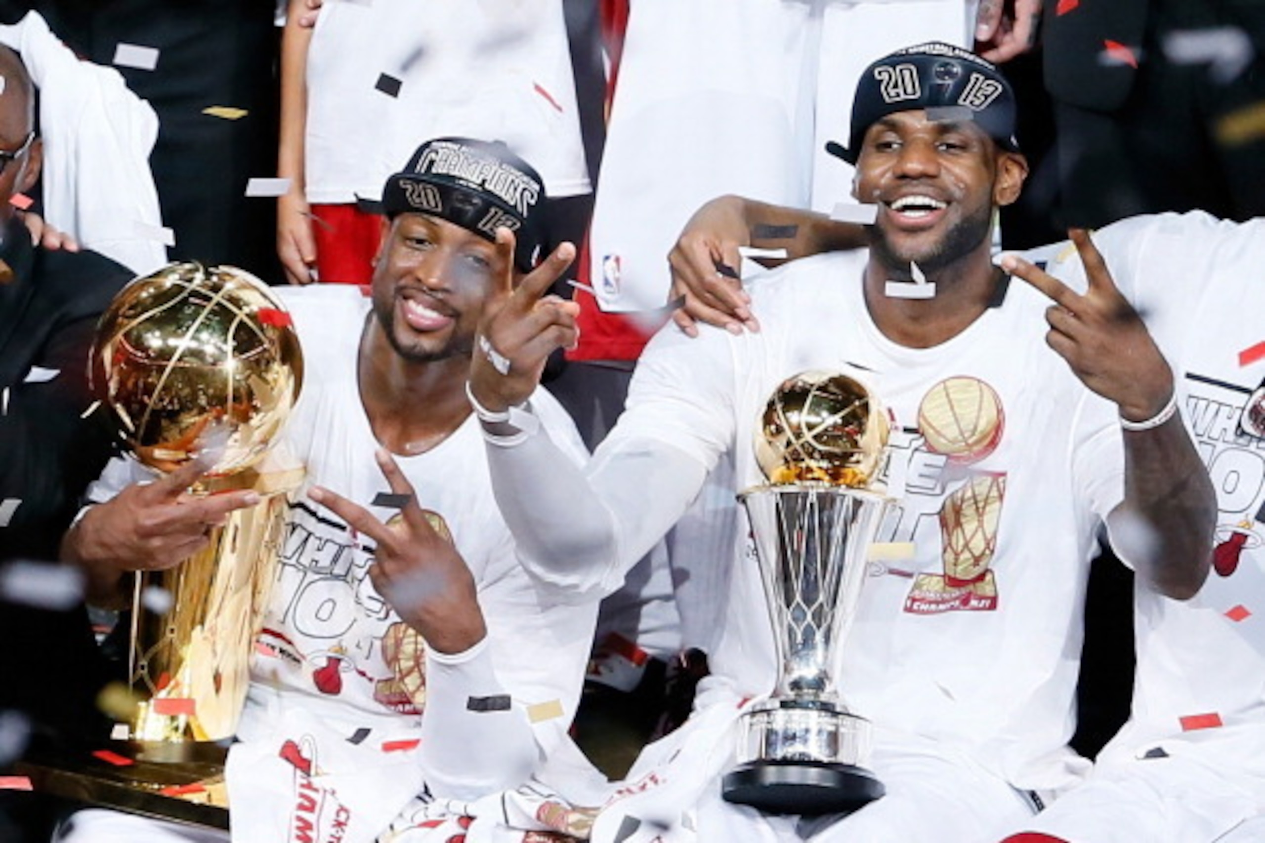 MIAMI, FL - JUNE 20:  Dwyane Wade #3 and LeBron James #6 celebrate after defeating the San Antonio Spurs 95-88 to win Game Seven of the 2013 NBA Finals at AmericanAirlines Arena on June 20, 2013 in Miami, Florida. NOTE TO USER: User expressly acknowledges