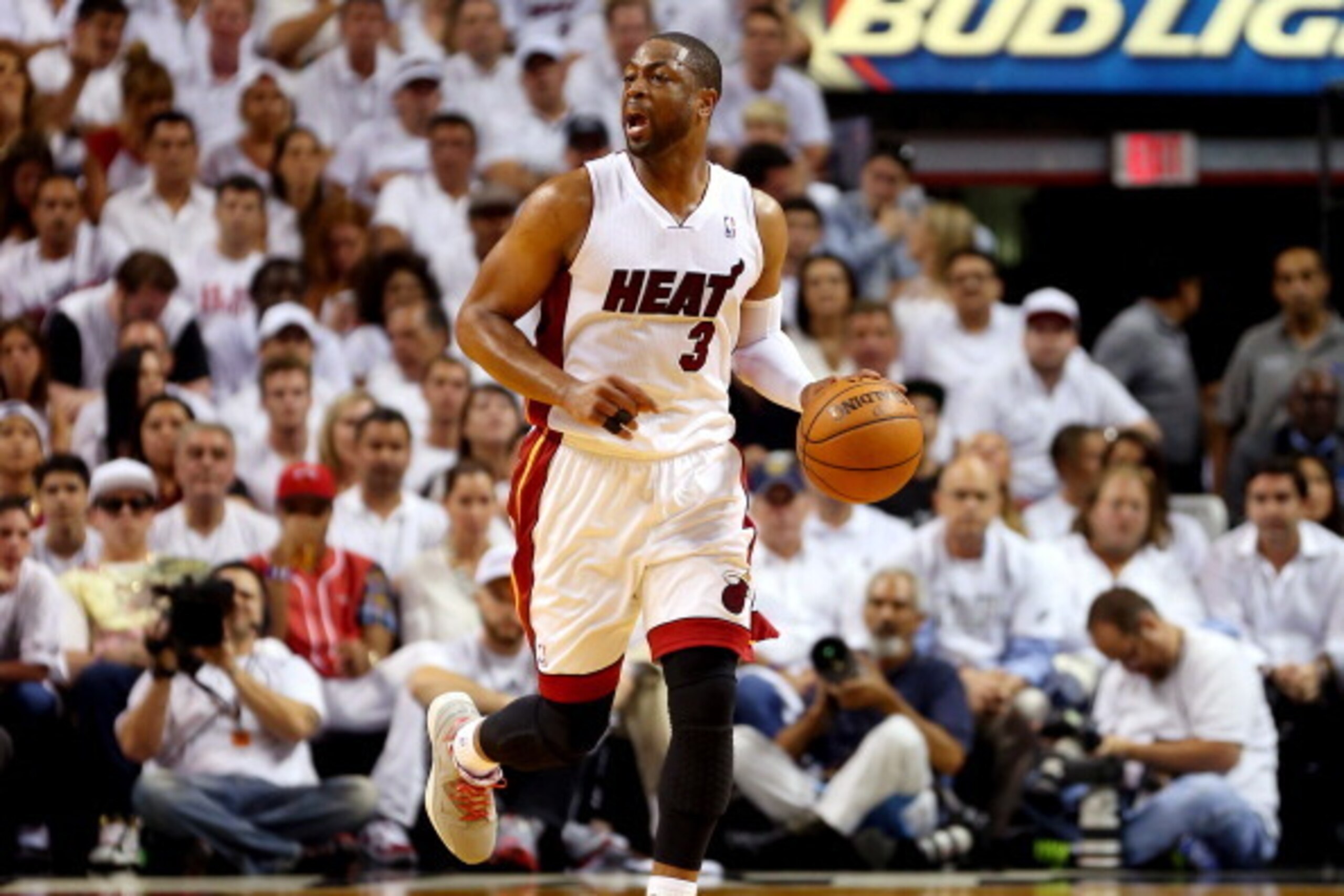 MIAMI, FL - MAY 26:  Dwyane Wade #3 of the Miami Heat brings the ball up the floor against the Indiana Pacers during Game Four of the Eastern Conference Finals of the 2014 NBA Playoffs at American Airlines Arena on May 26, 2014 in Miami, Florida. NOTE TO 