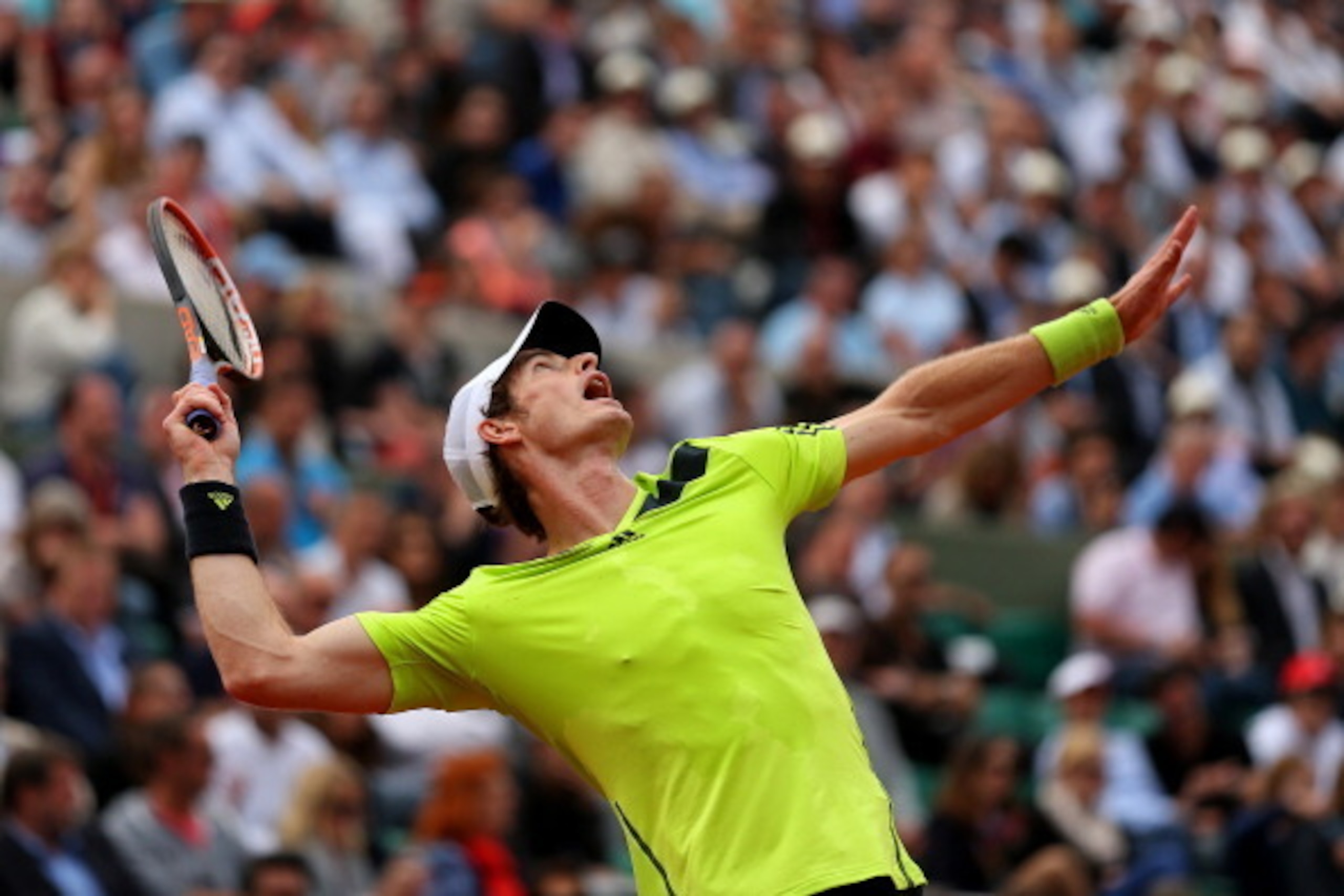 PARIS, FRANCE - JUNE 02:  Andy Murray of Great Britain serves during his men's singles match against Fernando Verdasco of Spain on day nine of the French Open at Roland Garros on June 2, 2014 in Paris, France.  (Photo by Matthew Stockman/Getty Images)