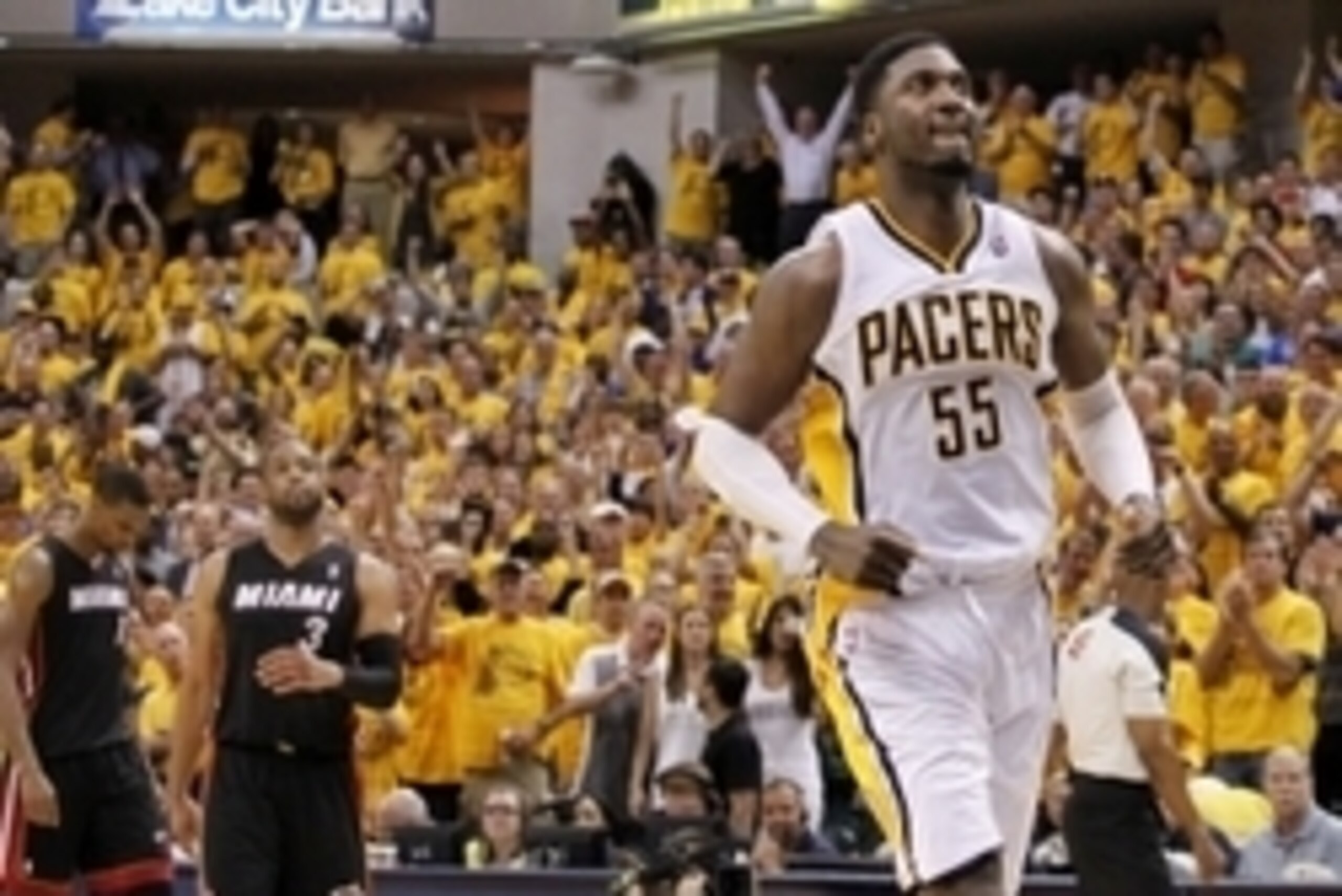 May 28, 2014; Indianapolis, IN, USA; Indiana Pacers center Roy Hibbert (55) reacts after game five against the Miami Heat of the Eastern Conference Finals of the 2014 NBA Playoffs at Bankers Life Fieldhouse. Indiana defeats Miami 93-90. Mandatory Credit: May 28, 2014; Indianapolis, IN, USA; Indiana Pacers center Roy Hibbert (55) reacts after game five against the Miami Heat of the Eastern Conference Finals of the 2014 NBA Playoffs at Bankers Life Fieldhouse. Indiana defeats Miami 93-90. Mandatory Credit: