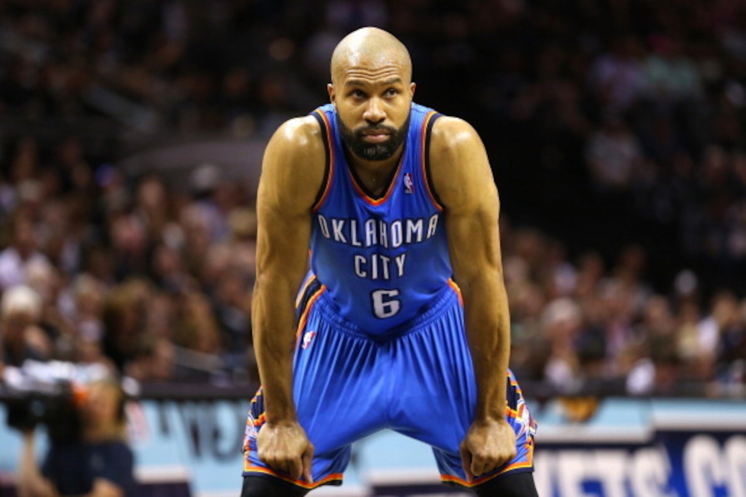SAN ANTONIO, TX - MAY 19:  Derek Fisher #6 of the Oklahoma City Thunder looks on in the first half while taking on the San Antonio Spurs in Game One of the Western Conference Finals during the 2014 NBA Playoffs at AT&T Center on May 19, 2014 in San Antoni