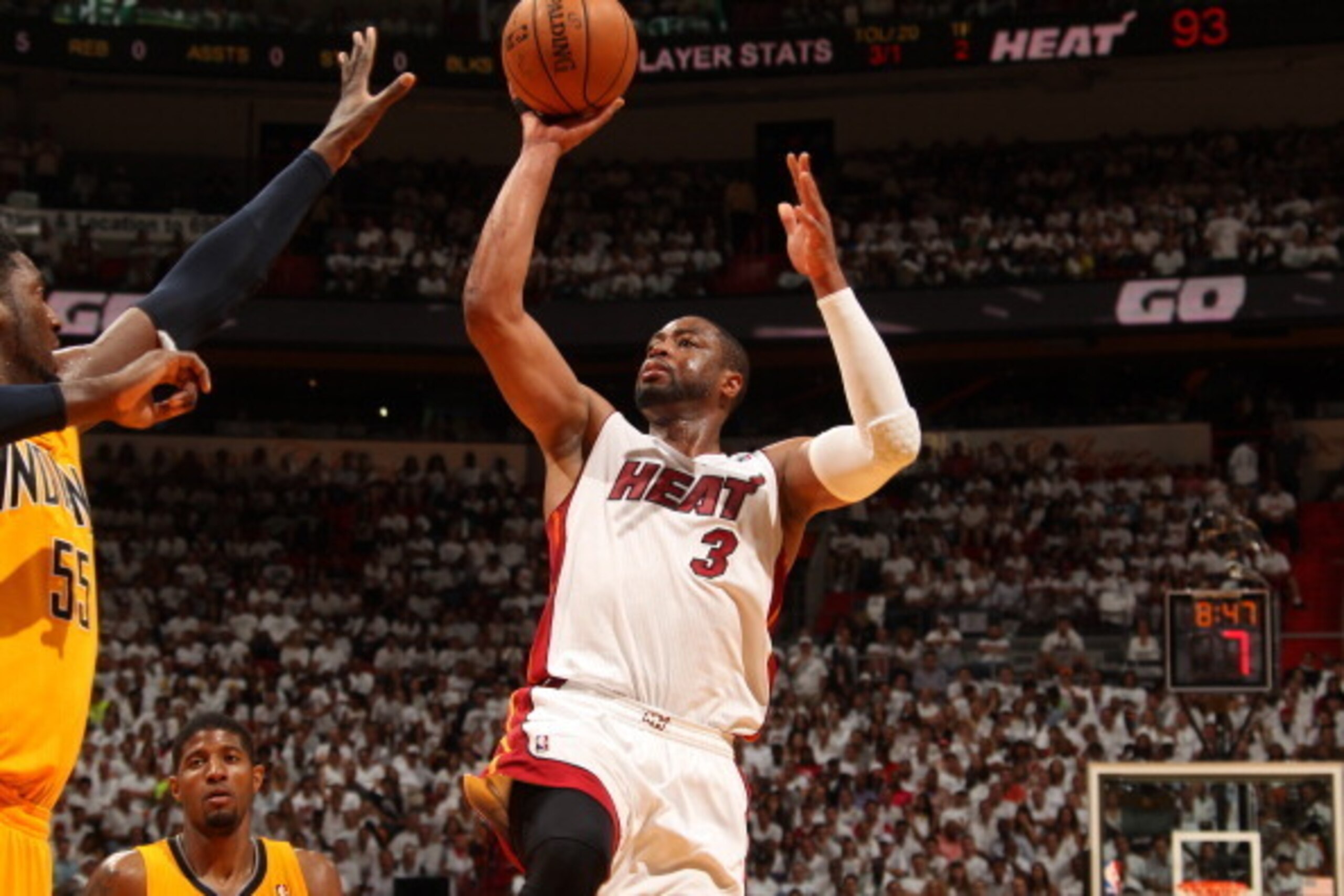 MIAMI, FL - MAY 30: Dwyane Wade #3 of the Miami Heat shoots against the Indiana Pacers in Game Six of the Eastern Conference Finals during the 2014 NBA Playoffs on May 30, 2014 in Miami, Fl. NOTE TO USER: User expressly acknowledges and agrees that, by do