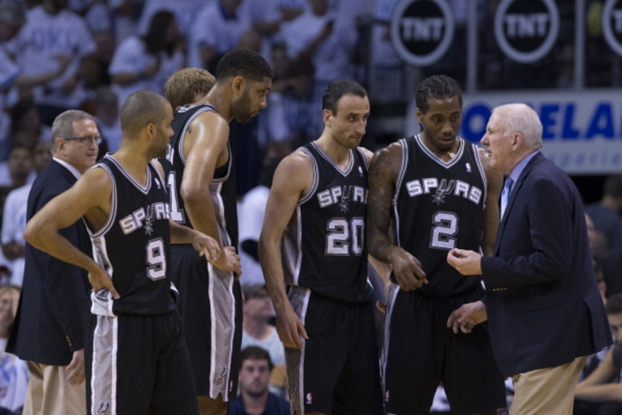 OKLAHOMA CITY, OK - May 31: Gregg Popovich of the San Antonio Spurs talks with his team in Game 6 of the Western Conference Finals against the Oklahoma City Thunder during the 2014 NBA Playoffs at the Chesapeake Energy Arena on May 31, 2014 in Oklahoma Ci
