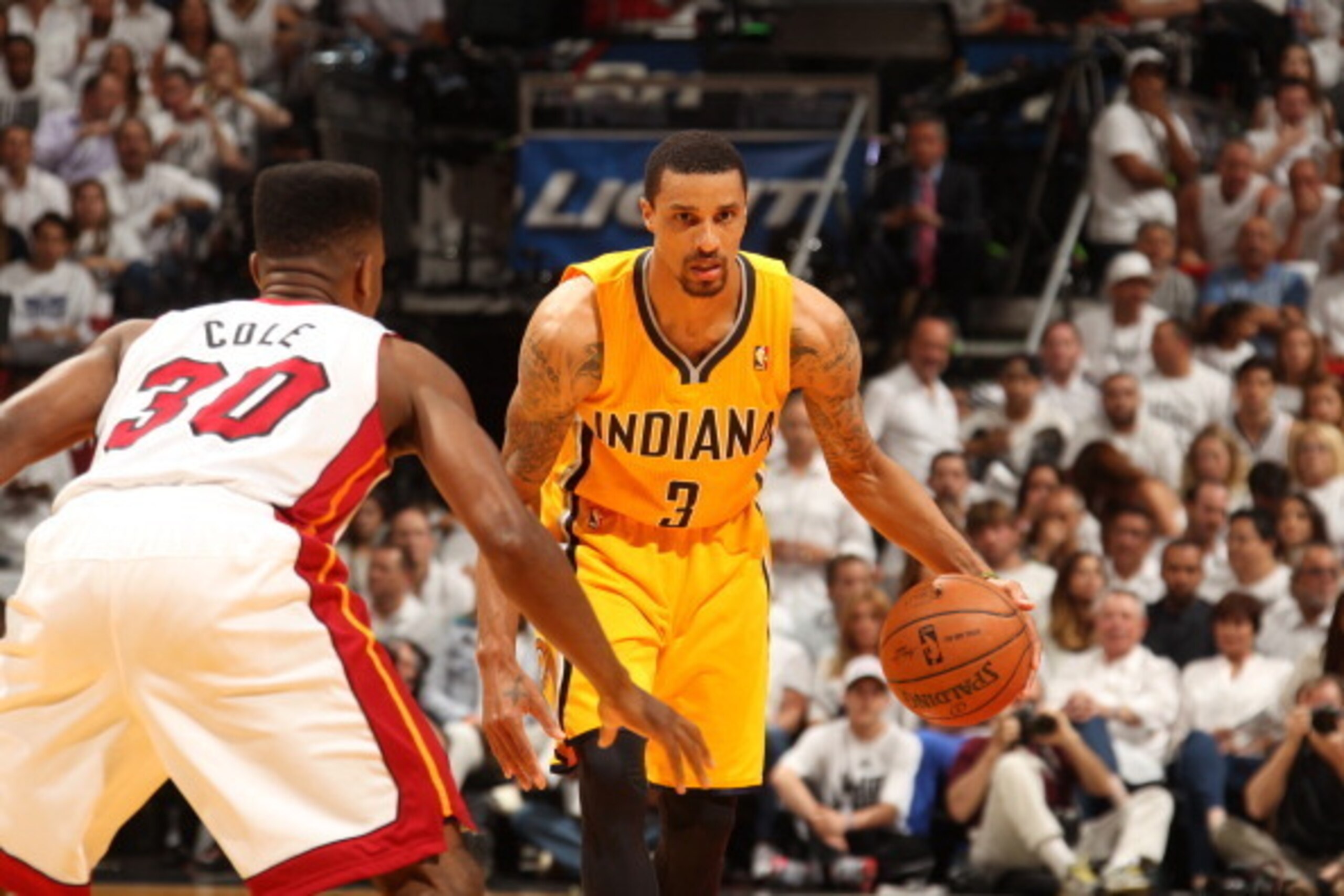 MIAMI, FL - MAY 30: George Hill #3 of the Indiana Pacers controls the ball against the Miami Heat in Game Six of the Eastern Conference Finals during the 2014 NBA Playoffs on May 30, 2014 in Miami, Fl. NOTE TO USER: User expressly acknowledges and agrees MIAMI, FL - MAY 30: George Hill #3 of the Indiana Pacers controls the ball against the Miami Heat in Game Six of the Eastern Conference Finals during the 2014 NBA Playoffs on May 30, 2014 in Miami, Fl. NOTE TO USER: User expressly acknowledges and agrees