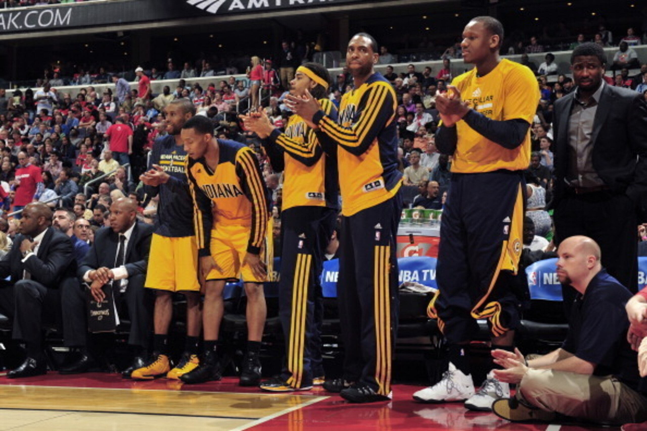 WASHINGTON, DC - MAY 09: Chris Copeland #22 and the Indiana Pacers bench cheer against the Washington Wizards during Game Three of the Eastern Conference Semifinals on May 9, 2014 in Washington, DC. NOTE TO USER: User expressly acknowledges and agrees th WASHINGTON, DC - MAY 09: Chris Copeland #22 and the Indiana Pacers bench cheer against the Washington Wizards during Game Three of the Eastern Conference Semifinals on May 9, 2014 in Washington, DC. NOTE TO USER: User expressly acknowledges and agrees th