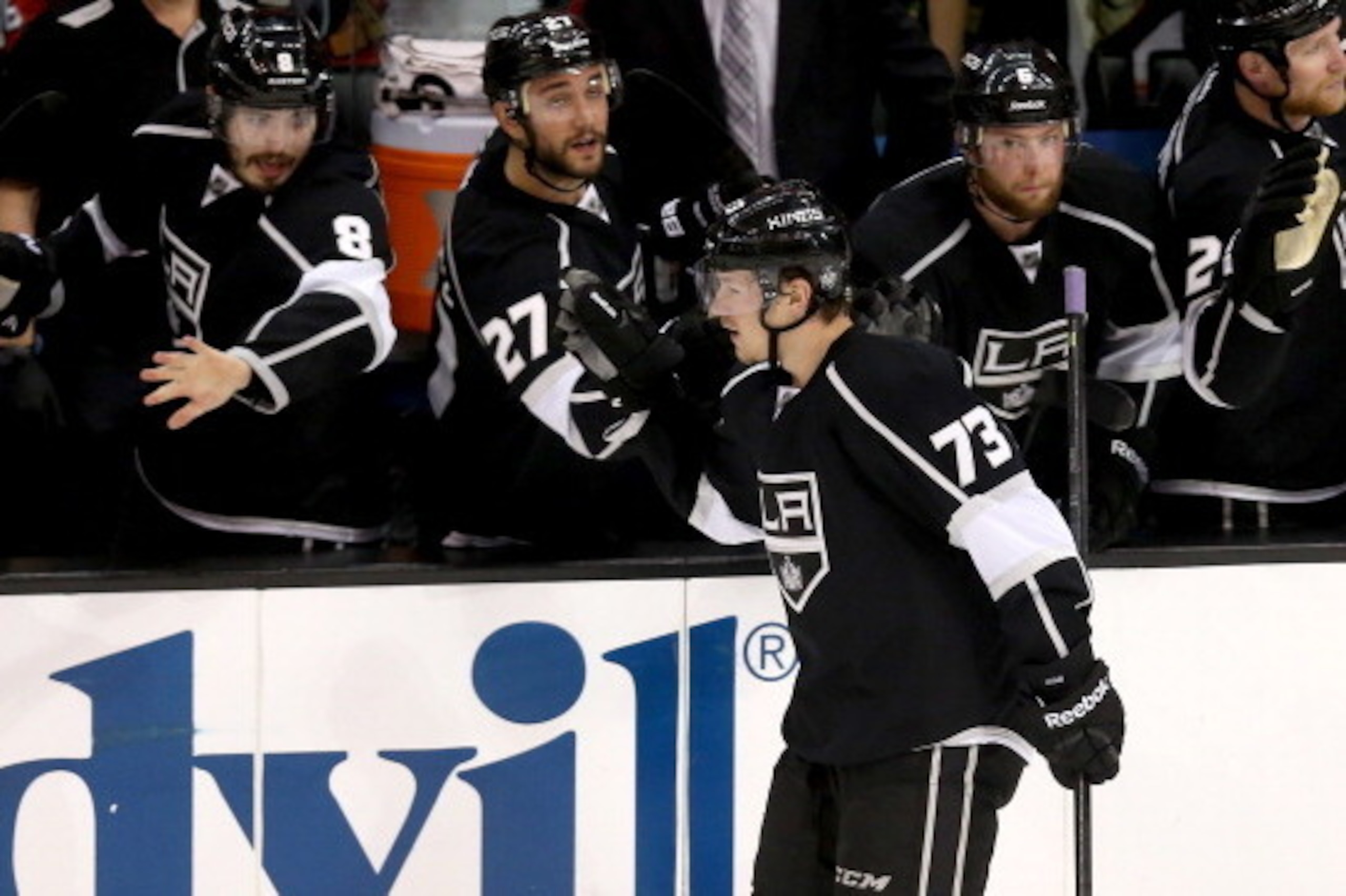 LOS ANGELES, CA - MAY 24: Tyler Toffoli #73 of the Los Angeles Kings celebrates with teammates after scoring a second period goal against the Chicago Blackhawks in Game Three of the Western Conference Final during the 2014 Stanley Cup Playoffs at Staples LOS ANGELES, CA - MAY 24: Tyler Toffoli #73 of the Los Angeles Kings celebrates with teammates after scoring a second period goal against the Chicago Blackhawks in Game Three of the Western Conference Final during the 2014 Stanley Cup Playoffs at Staples