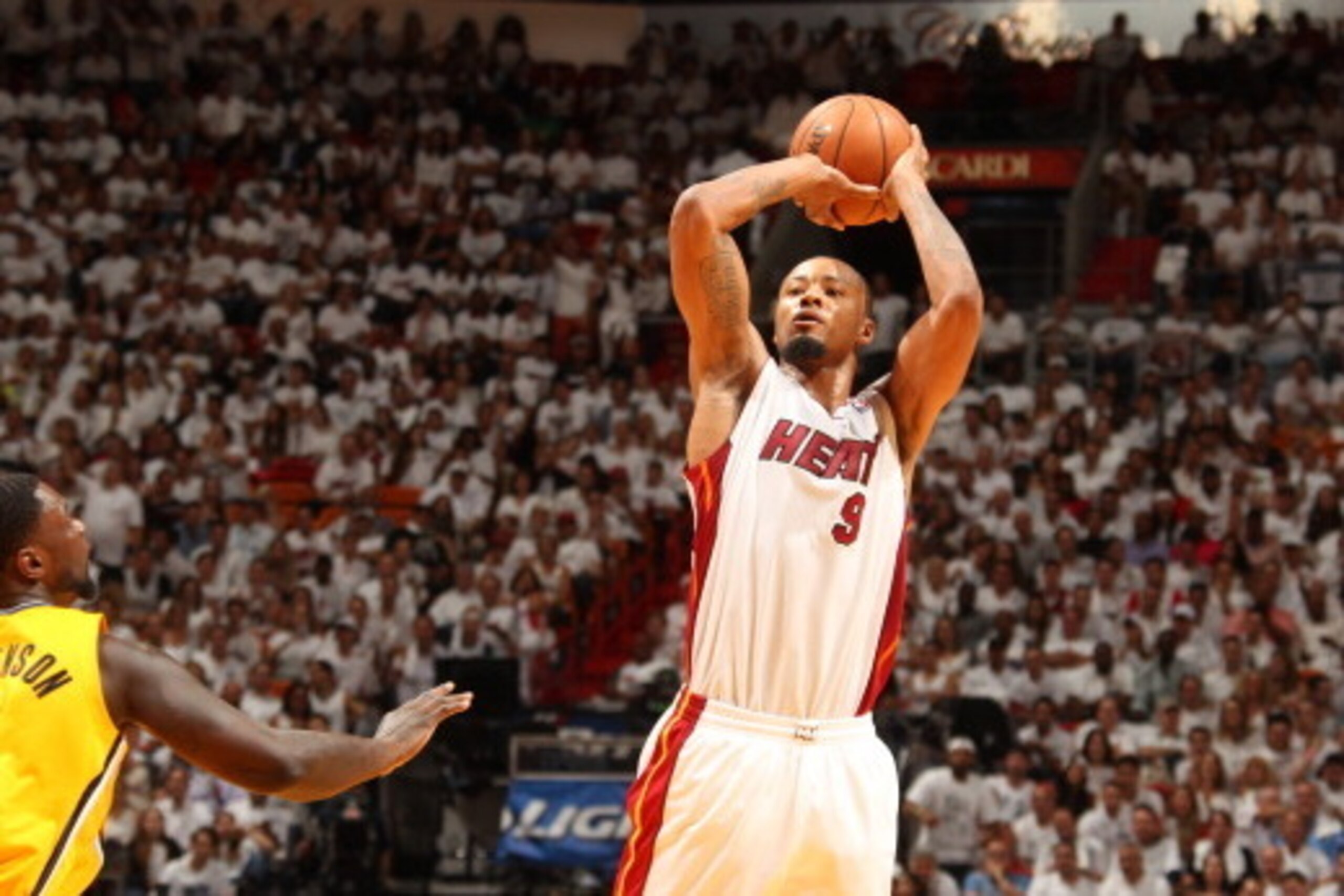 MIAMI, FL - MAY 30: Rashard Lewis #9 of the Miami Heat shoots against the Indiana Pacers in Game Six of the Eastern Conference Finals during the 2014 NBA Playoffs on May 30, 2014 in Miami, Fl. NOTE TO USER: User expressly acknowledges and agrees that, by 