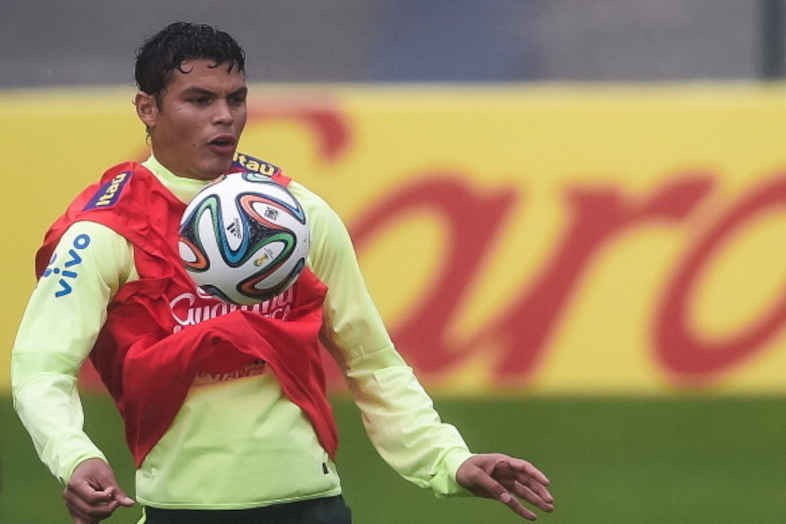 TERESOPOLIS, BRAZIL - MAY 28: Thiago Silva juggles with a ball during a training session of the Brazilian national football team at the squad's Granja Comary training complex, in Teresopolis, 90 km from downtown Rio de Janeiro on May 28, 2014 in Teresopol