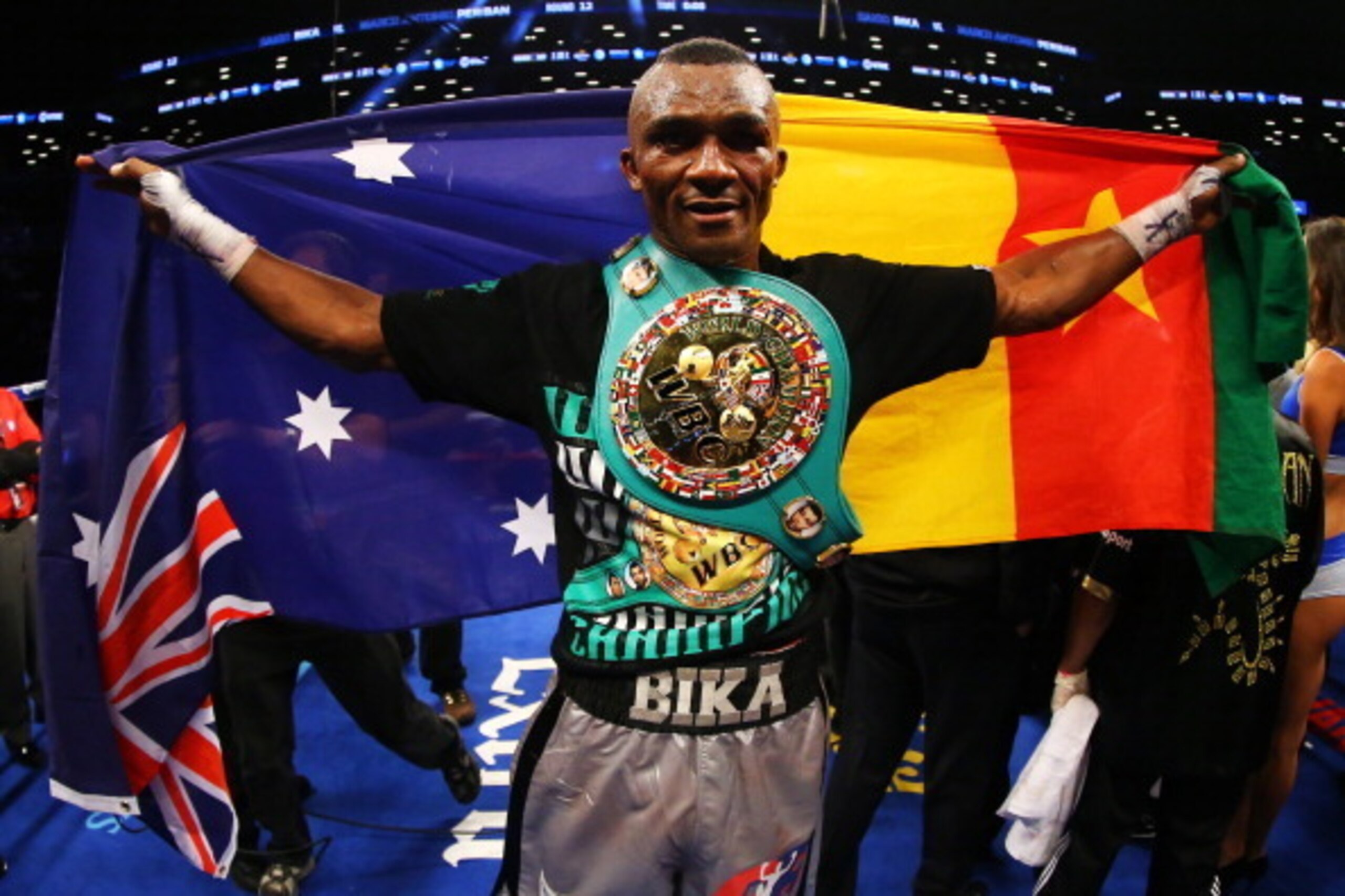 NEW YORK, NY - JUNE 22:  Sakio Bika celebrates defeating Marco Antonio Periban during their Vacant WBC Super Middleweight Title bout at Barclays Center on June 22, 2013 in the Brooklyn borough of New York City.  (Photo by Al Bello/Getty Images)