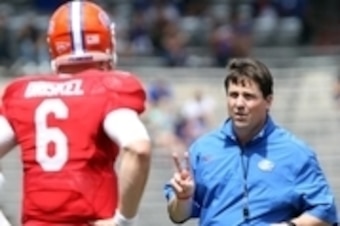 April 6, 2013; Gainesville FL, USA; Florida Gators head coach Will Muschamp talks with quarterback Jeff Driskel (6)  during the spring practice at Ben Hill Griffin Stadium. Mandatory Credit: Kim Klement-USA TODAY Sports