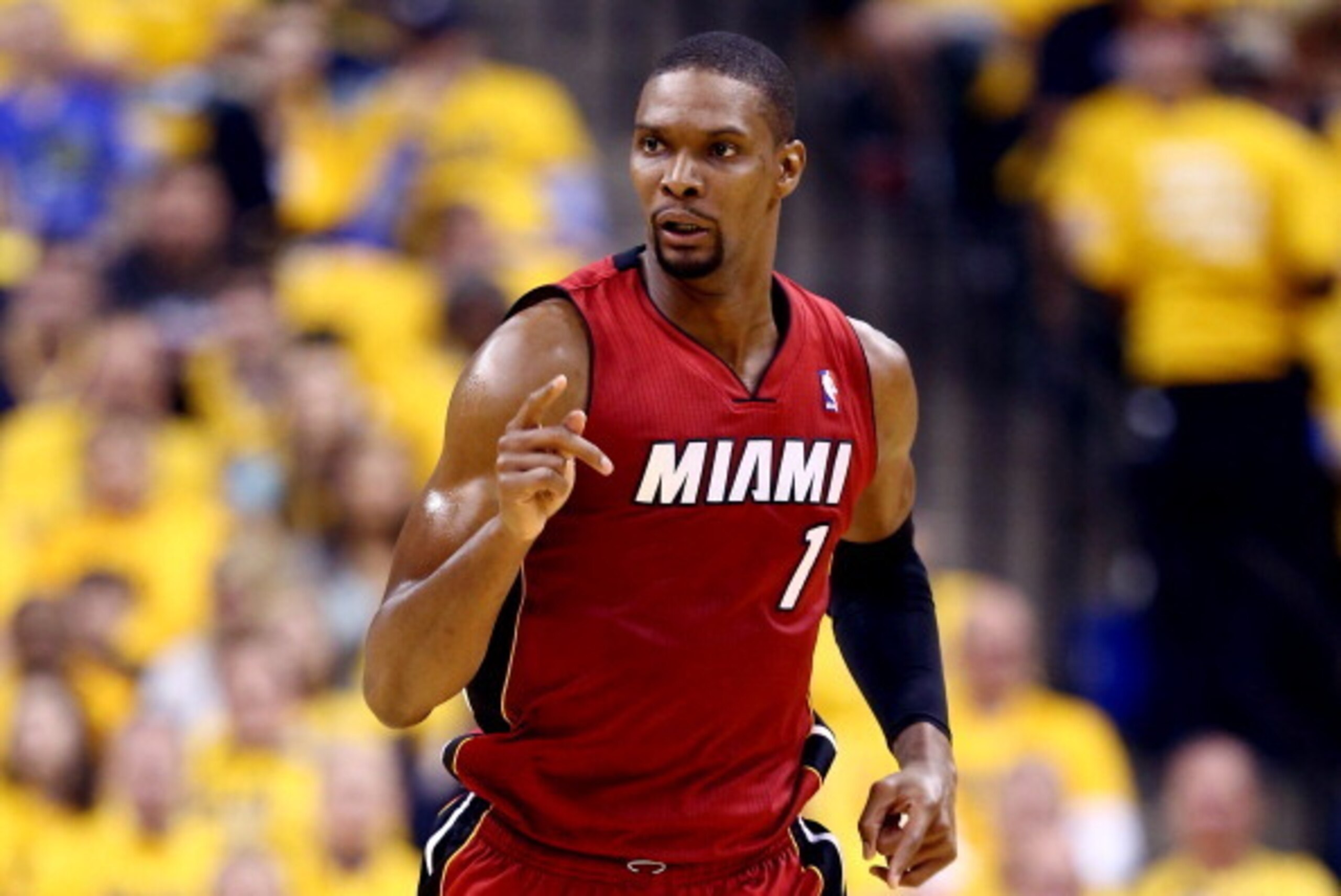 INDIANAPOLIS, IN - MAY 18: Chris Bosh #1 of the Miami Heat reacts against the Indiana Pacers during Game One of the Eastern Conference Finals of the 2014 NBA Playoffs at Bankers Life Fieldhouse on May 18, 2014 in Indianapolis, Indiana. NOTE TO USER: User 