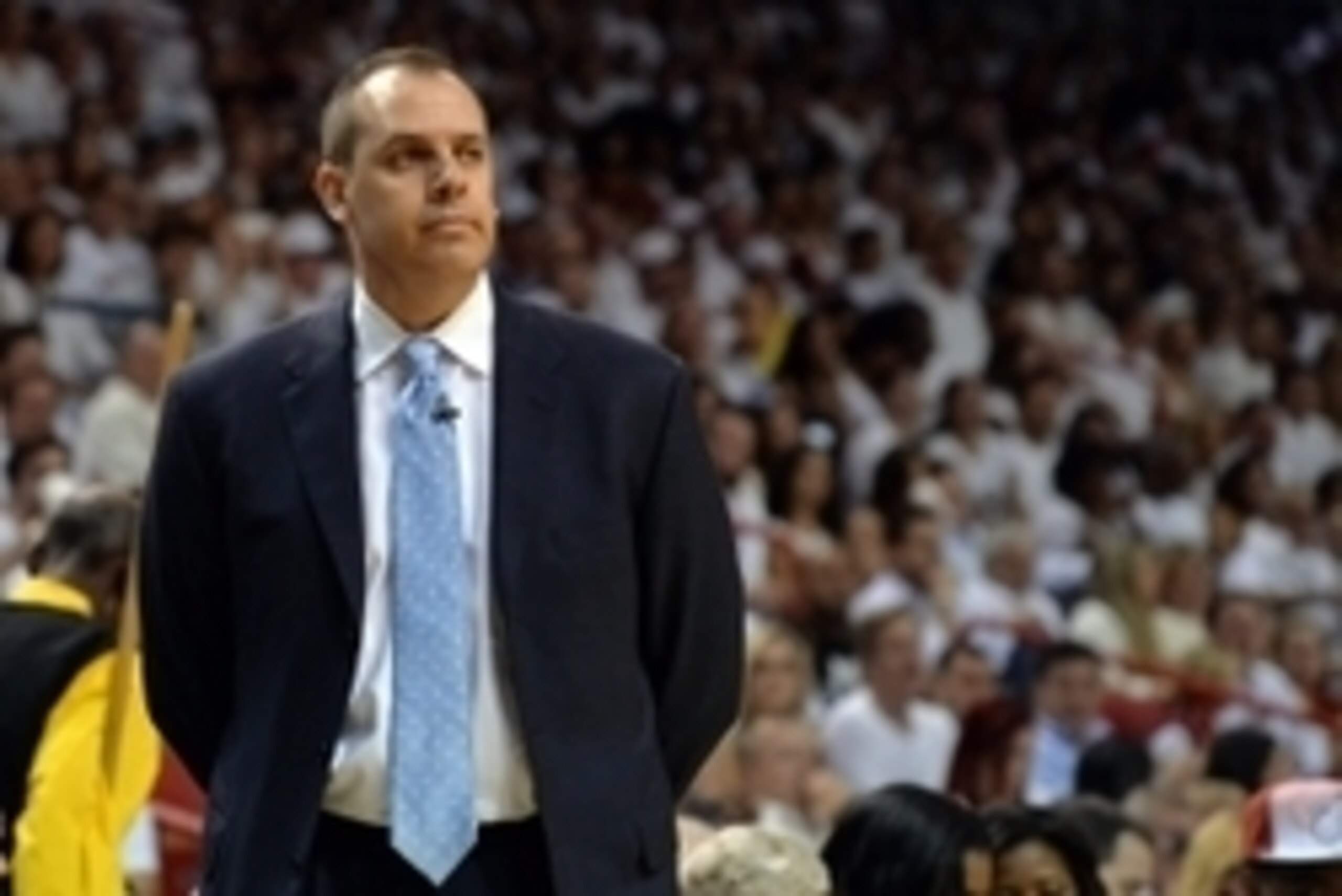 May 24, 2014; Miami, FL, USA; Indiana Pacers head coach Frank Vogel looks on from the bench area against the Miami Heat in game three of the Eastern Conference Finals of the 2014 NBA Playoffs at American Airlines Arena. Mandatory Credit: Steve Mitchell-US