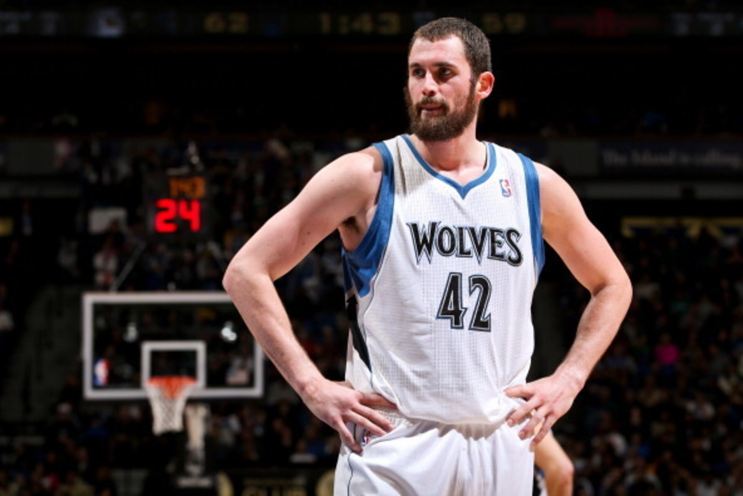 MINNEAPOLIS, MN - DECEMBER 26: Kevin Love #42 of the Minnesota Timberwolves waits to resume action against the Houston Rockets on December 26, 2012 at Target Center in Minneapolis, Minnesota. NOTE TO USER: User expressly acknowledges and agrees that, by d