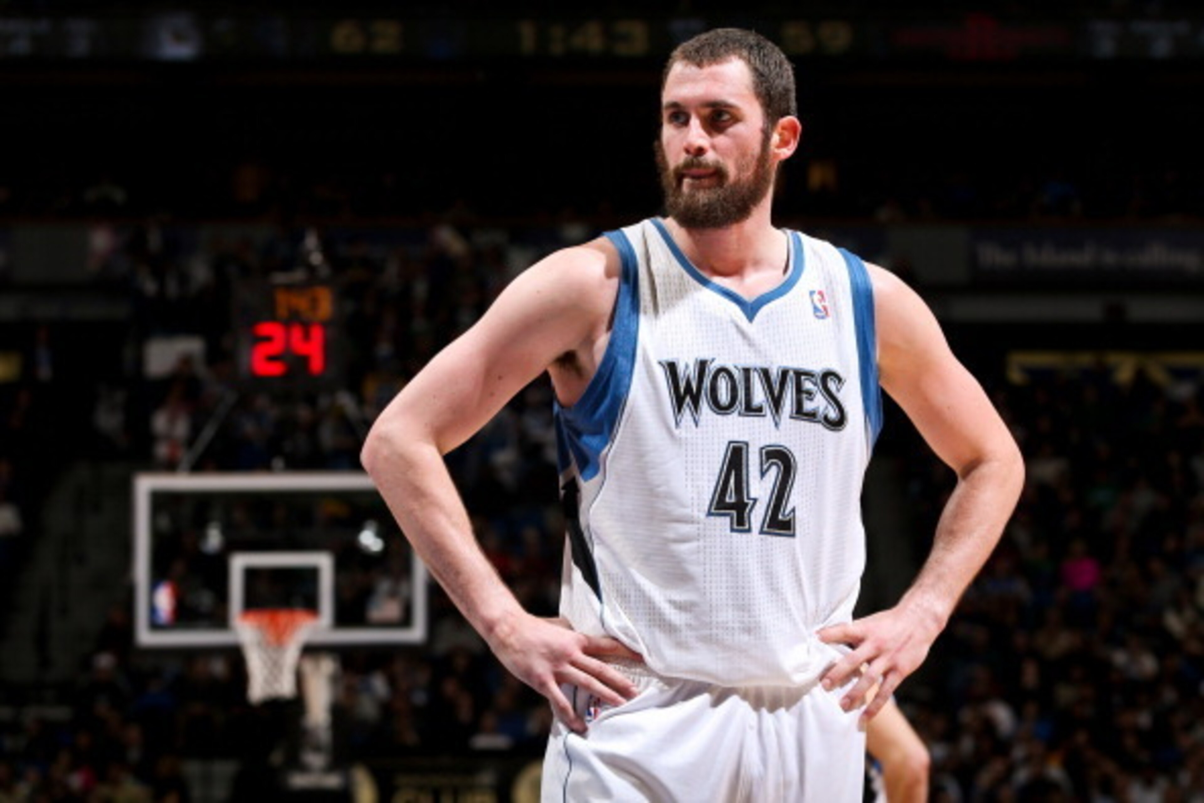 MINNEAPOLIS, MN - DECEMBER 26: Kevin Love #42 of the Minnesota Timberwolves waits to resume action against the Houston Rockets on December 26, 2012 at Target Center in Minneapolis, Minnesota. NOTE TO USER: User expressly acknowledges and agrees that, by d MINNEAPOLIS, MN - DECEMBER 26: Kevin Love #42 of the Minnesota Timberwolves waits to resume action against the Houston Rockets on December 26, 2012 at Target Center in Minneapolis, Minnesota. NOTE TO USER: User expressly acknowledges and agrees that, by d